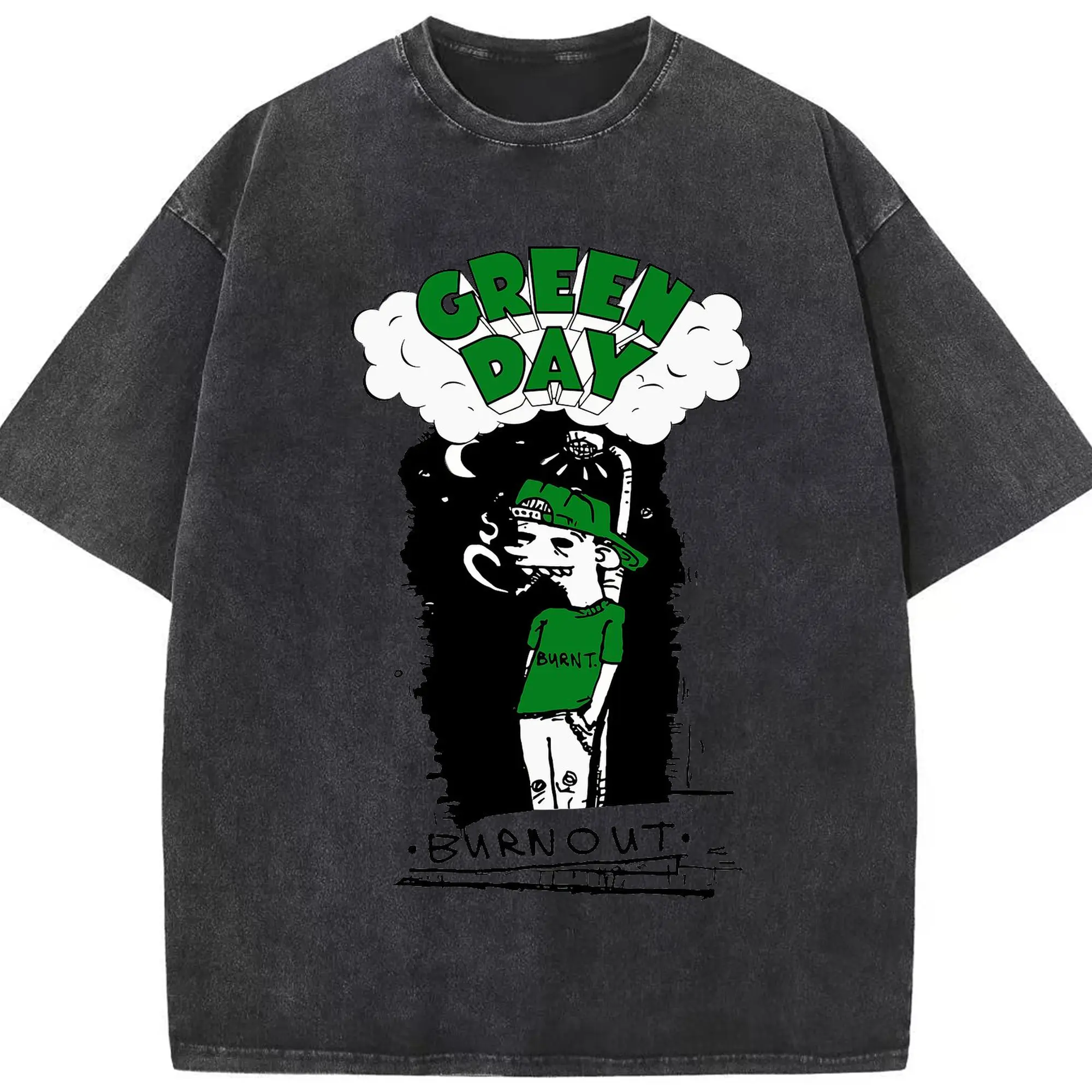 Green Day Punk Rock “Burnout” DIY Shirt - Washed Vintage Look 230g Cotton Oversized T-Shirt With Front Heat Transfer Print – Soft, Lightweight, Stylish Fit – Comfortable Casual Wear For Sports & Everyday Use