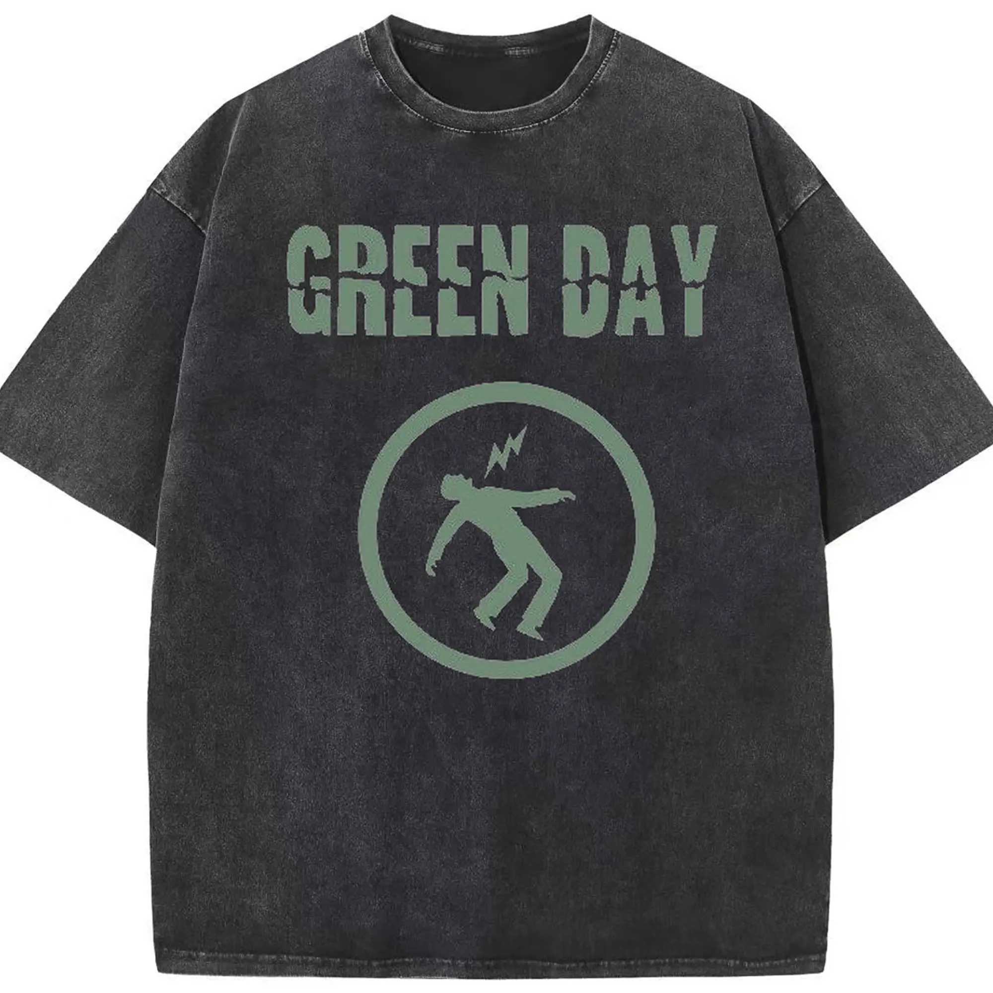Green Day Punk Rock Lightning Figure DIY Shirt - Washed Vintage Look 230g Cotton Oversized T-Shirt With Front Heat Transfer Print – Soft, Lightweight, Stylish Fit – Comfortable Casual Wear For Sports & Everyday Use