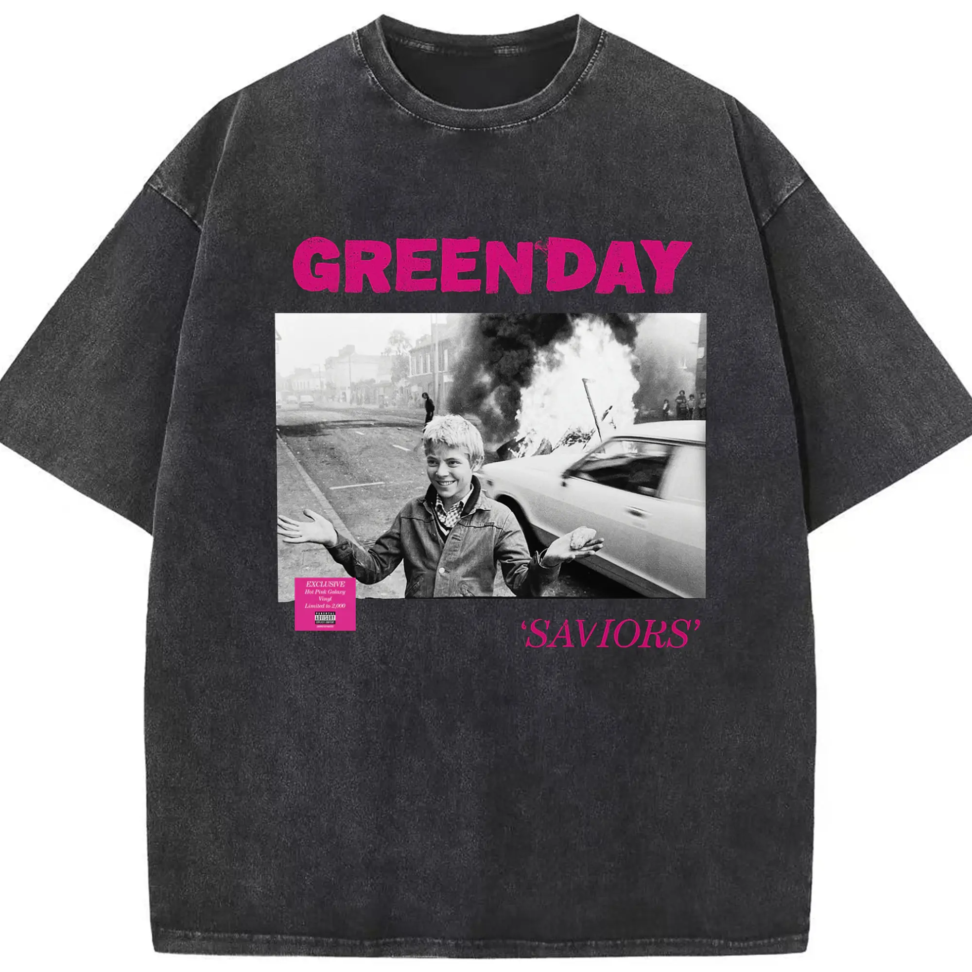 Green Day《Saviors》Punk Rock DIY Shirt - Washed Vintage Look 230g Cotton Oversized T-Shirt With Front Heat Transfer Print – Soft, Lightweight, Stylish Fit – Comfortable Casual Wear For Sports & Everyday Use
