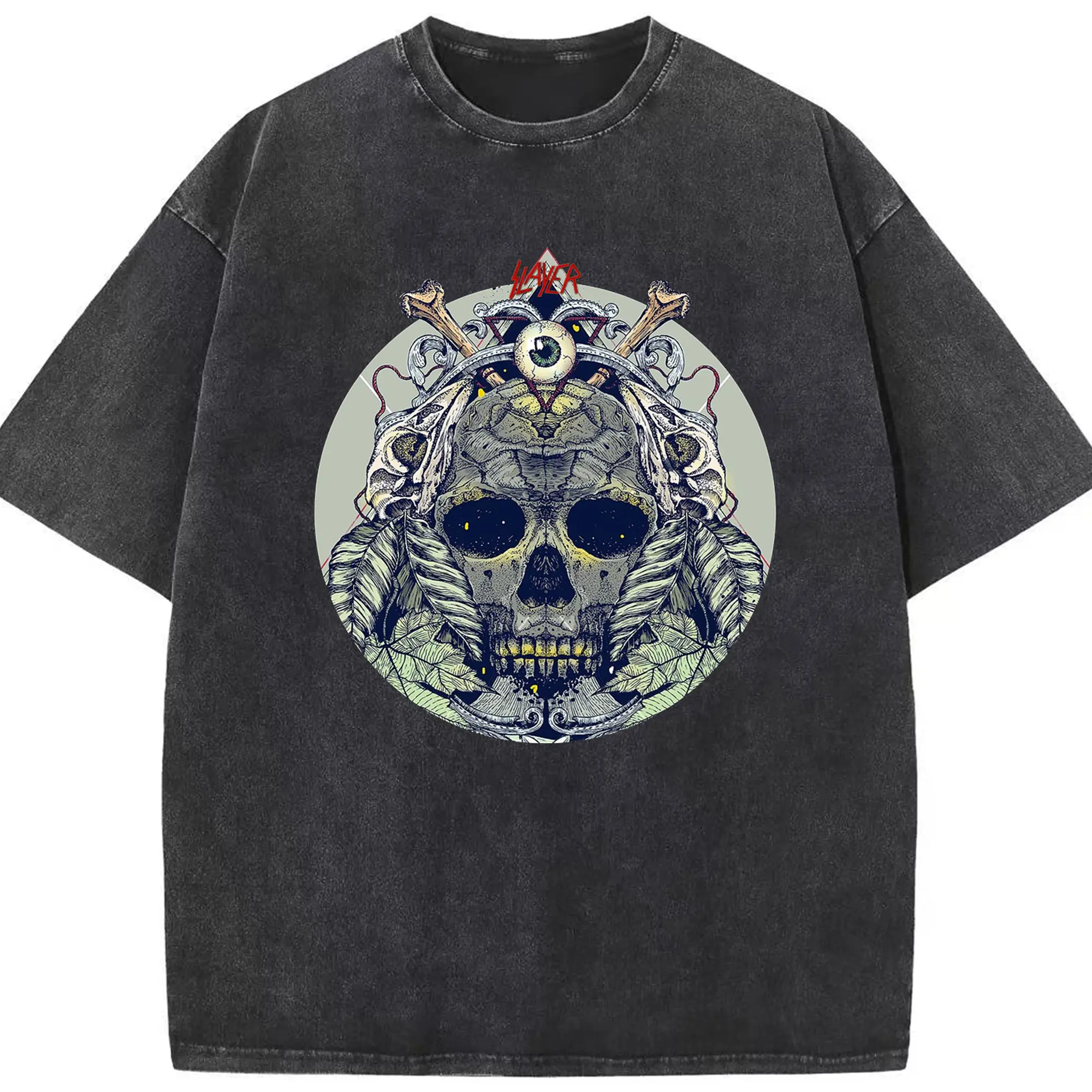 Slayer Thrash Metal Skull Dark Art DIY Shirt - Washed Vintage Look 230g Cotton Oversized T-Shirt With Front Heat Transfer Print – Soft, Lightweight, Stylish Fit – Comfortable Casual Wear For Sports & Everyday Use