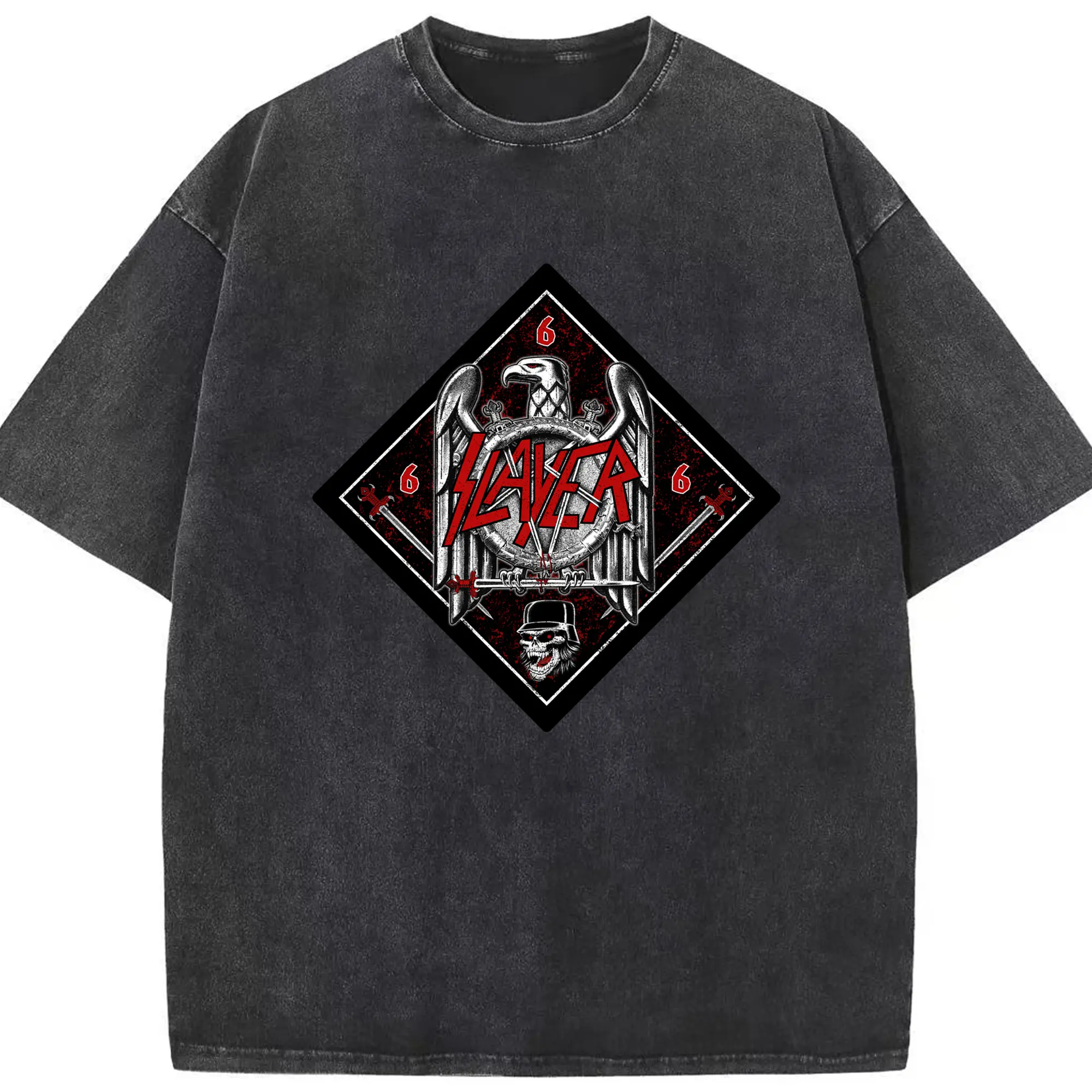Slayer Thrash Metal Satanic Eagle DIY Shirt - Washed Vintage Look 230g Cotton Oversized T-Shirt With Front Heat Transfer Print – Soft, Lightweight, Stylish Fit – Comfortable Casual Wear For Sports & Everyday Use