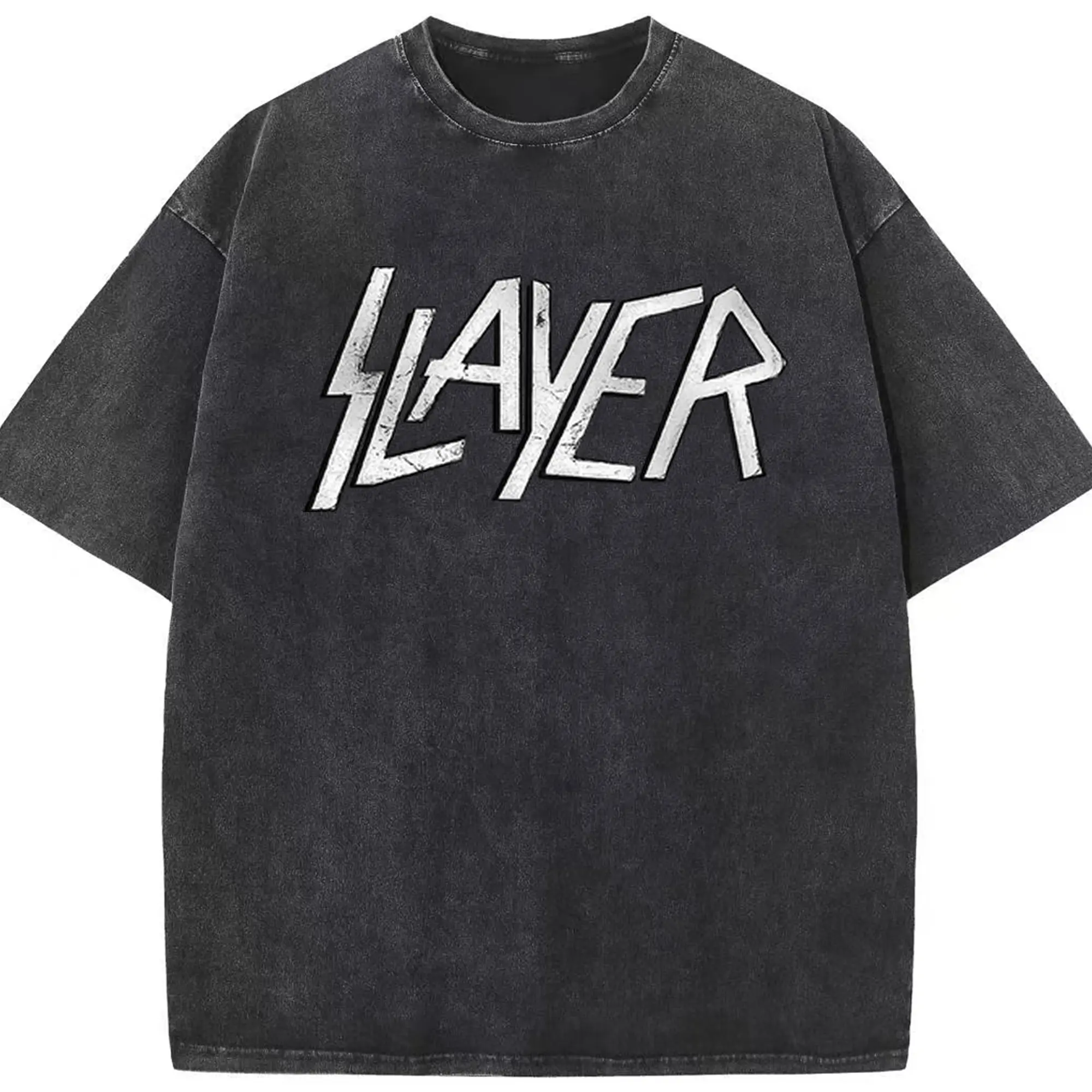 Slayer Band Silver Logo - Washed Vintage Look 230g Cotton Oversized T-Shirt With Front Heat Transfer Print – Soft, Lightweight, Stylish Fit – Comfortable Casual Wear For Sports & Everyday Use