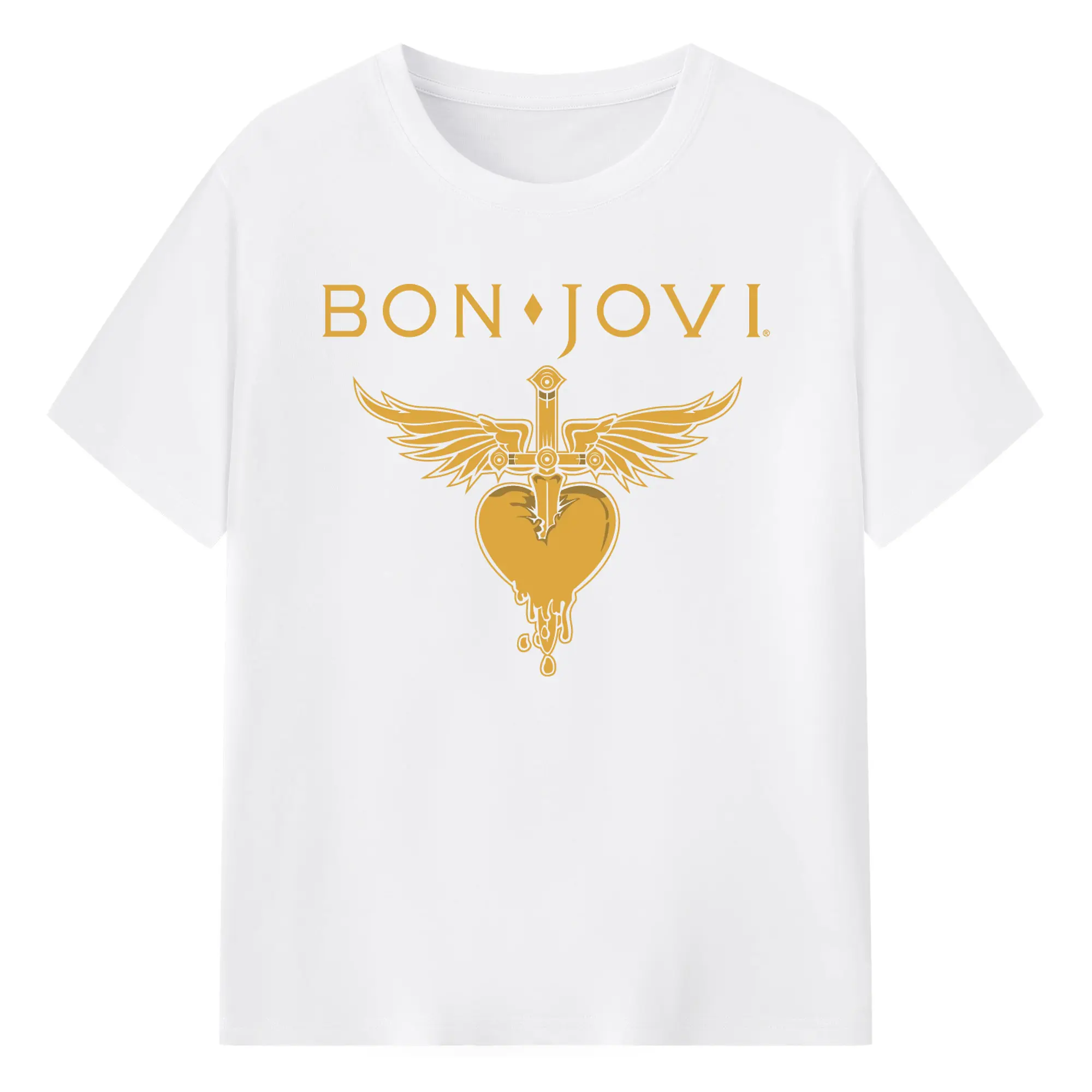 Bon Jovi Gold Rock Logo - 180g Cotton T-Shirt With Front Heat Transfer Print – Soft, Lightweight, Fitted Design – Comfortable Casual Wear For Sports & Everyday Use