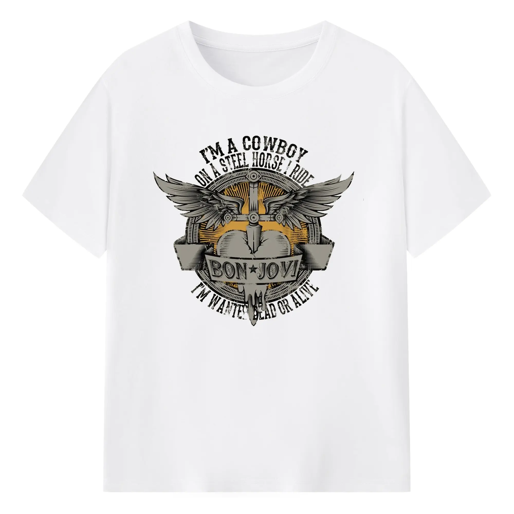 Bon Jovi Wanted Dead or Alive Retro Rock DIY Shirt - 180g Cotton T-Shirt With Front Heat Transfer Print – Soft, Lightweight, Fitted Design – Comfortable Casual Wear For Sports & Everyday Use