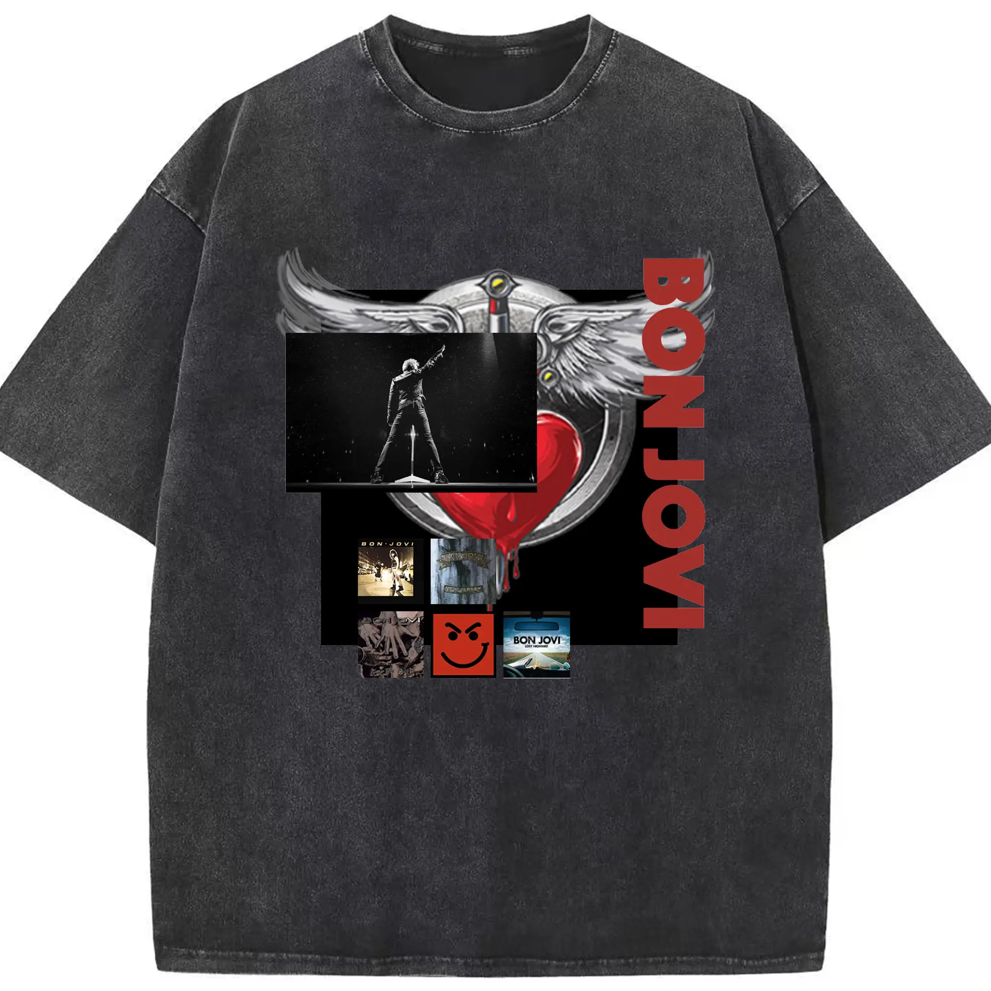 Bon Jovi Vintage Rock-Classic Album Art Shirt - Washed Vintage Look 230g Cotton Oversized T-Shirt With Front Heat Transfer Print – Soft, Lightweight, Stylish Fit – Comfortable Casual Wear For Sports & Everyday Use