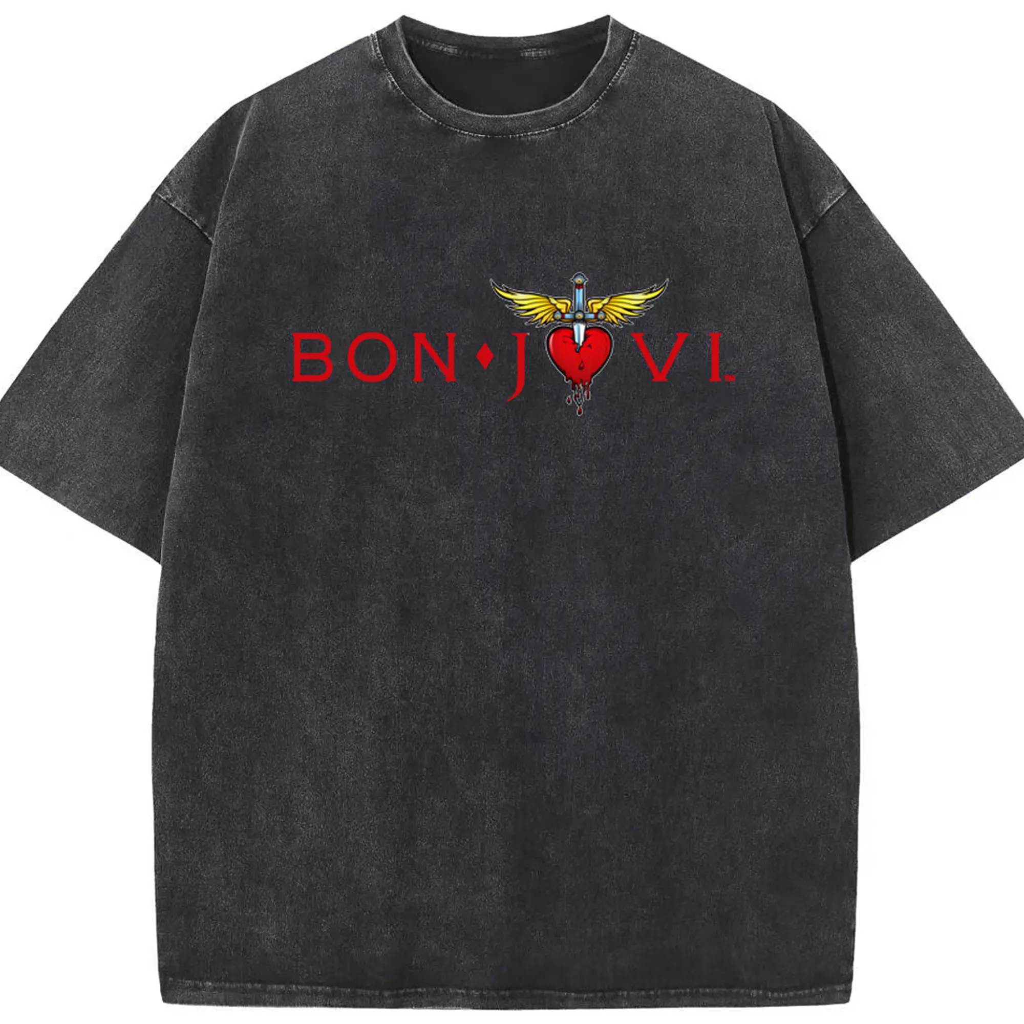 Bon Jovi New Rock Logo - Washed Vintage Look 230g Cotton Oversized T-Shirt With Front Heat Transfer Print – Soft, Lightweight, Stylish Fit – Comfortable Casual Wear For Sports & Everyday Use