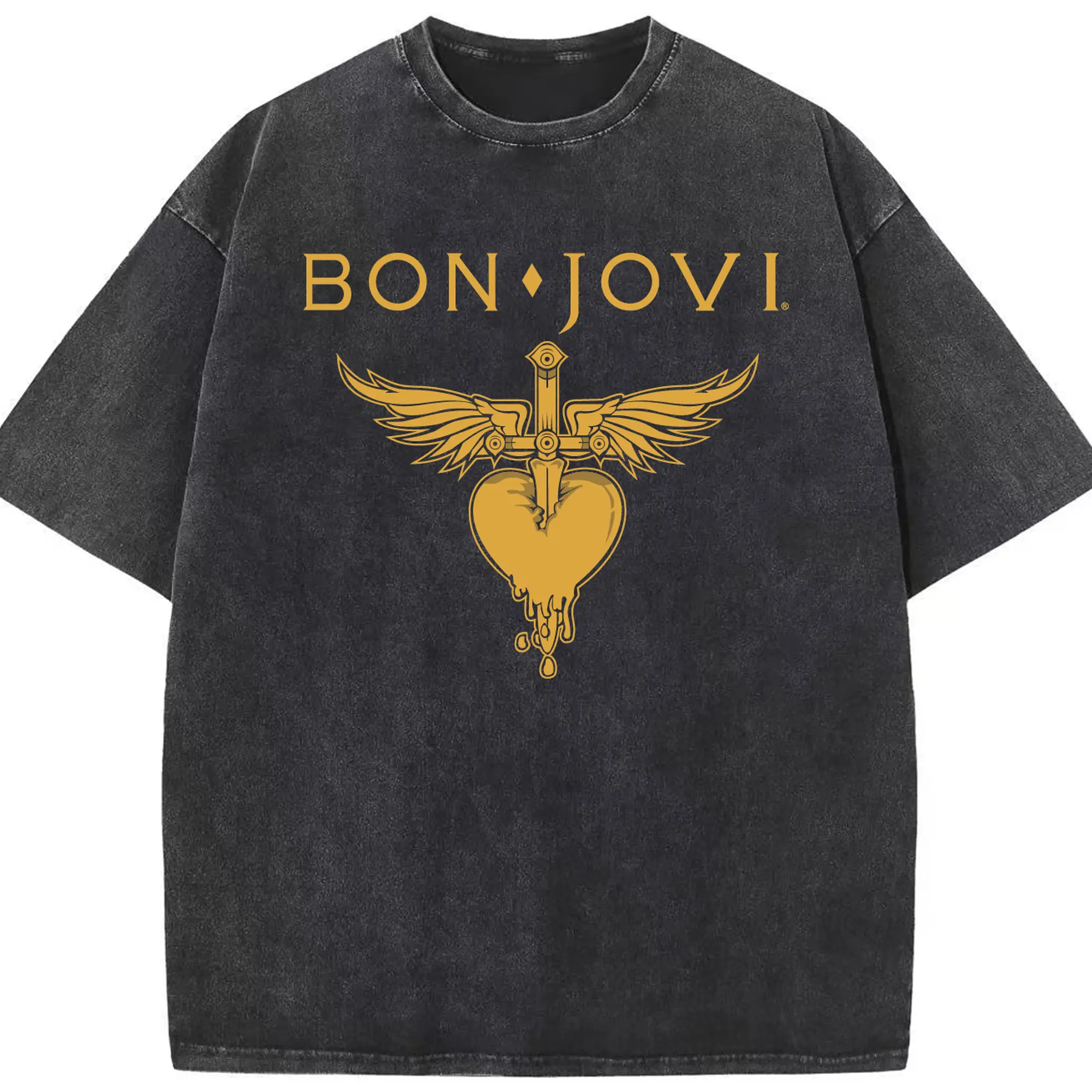 Bon Jovi Gold Rock Logo - Washed Vintage Look 230g Cotton Oversized T-Shirt With Front Heat Transfer Print – Soft, Lightweight, Stylish Fit – Comfortable Casual Wear For Sports & Everyday Use