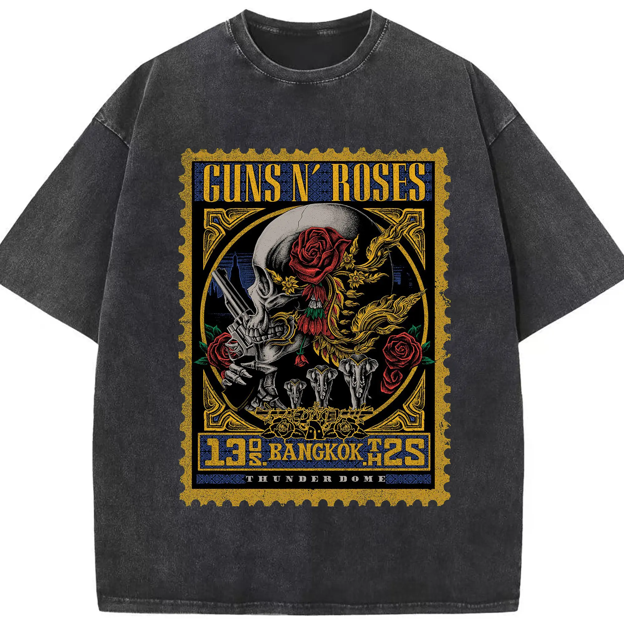 Guns N' Roses BANGKOK City Limited Shirt - Washed Vintage Look 230g Cotton Oversized T-Shirt With Front Heat Transfer Print – Soft, Lightweight, Stylish Fit – Comfortable Casual Wear For Sports & Everyday Use