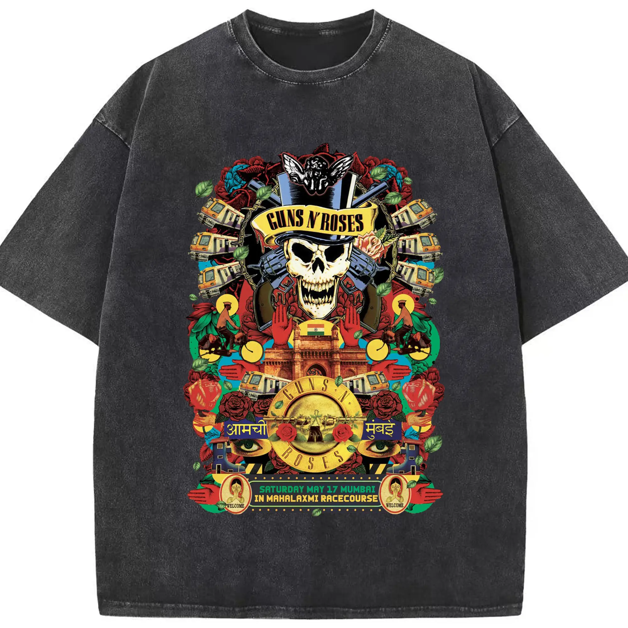 Guns N' Roses Mumbai City Limited Shirt - Washed Vintage Look 230g Cotton Oversized T-Shirt With Front Heat Transfer Print – Soft, Lightweight, Stylish Fit – Comfortable Casual Wear For Sports & Everyday Use