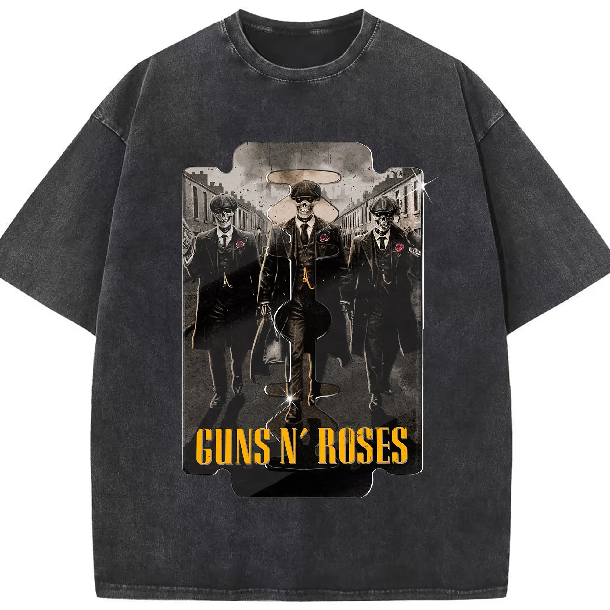Guns N' Roses Vintage Gangster Skull DIY Shirt - Washed Vintage Look 230g Cotton Oversized T-Shirt With Front Heat Transfer Print – Soft, Lightweight, Stylish Fit – Comfortable Casual Wear For Sports & Everyday Use