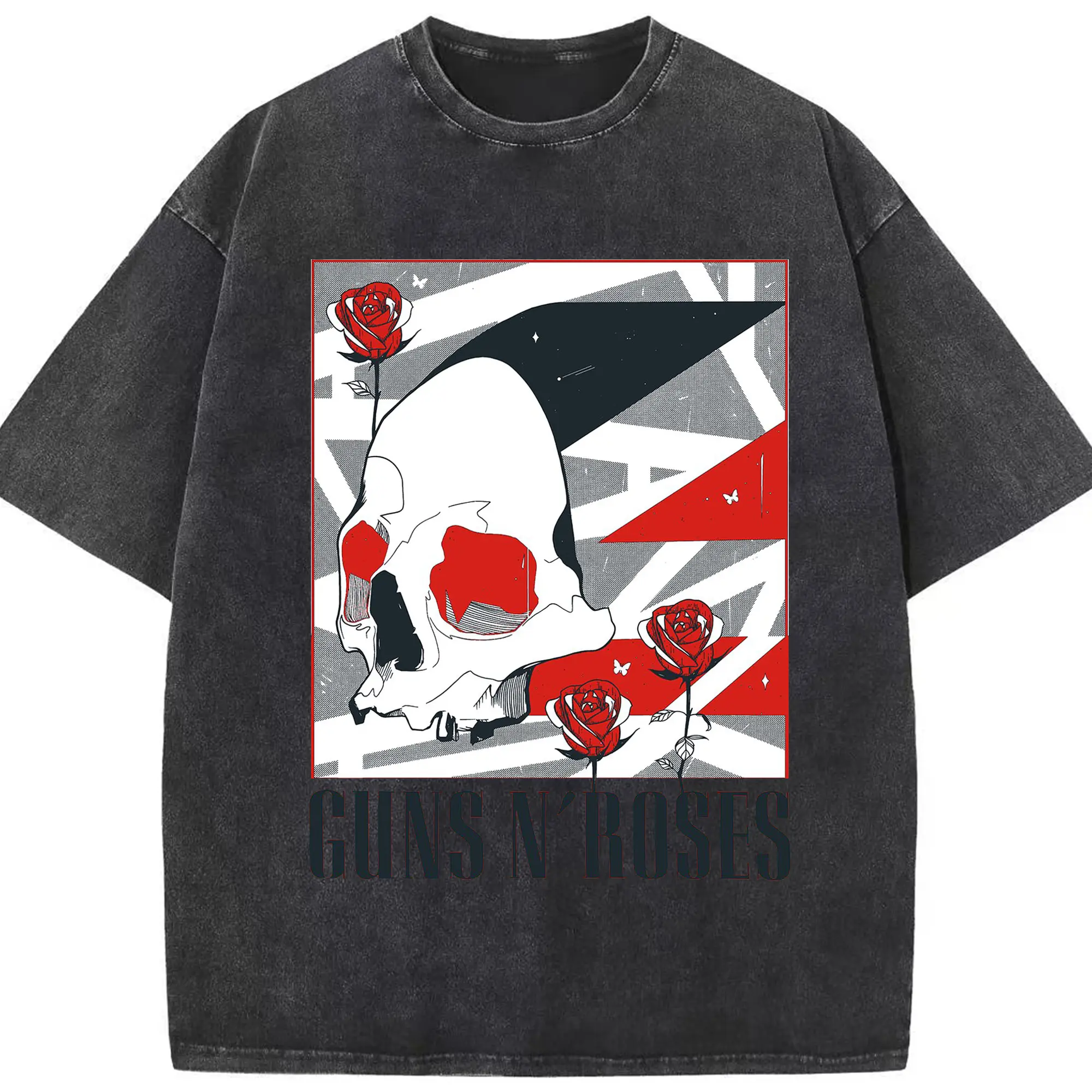 Guns N' Roses Skull Rose Rock DIY Shirt - Washed Vintage Look 230g Cotton Oversized T-Shirt With Front Heat Transfer Print – Soft, Lightweight, Stylish Fit – Comfortable Casual Wear For Sports & Everyday Use