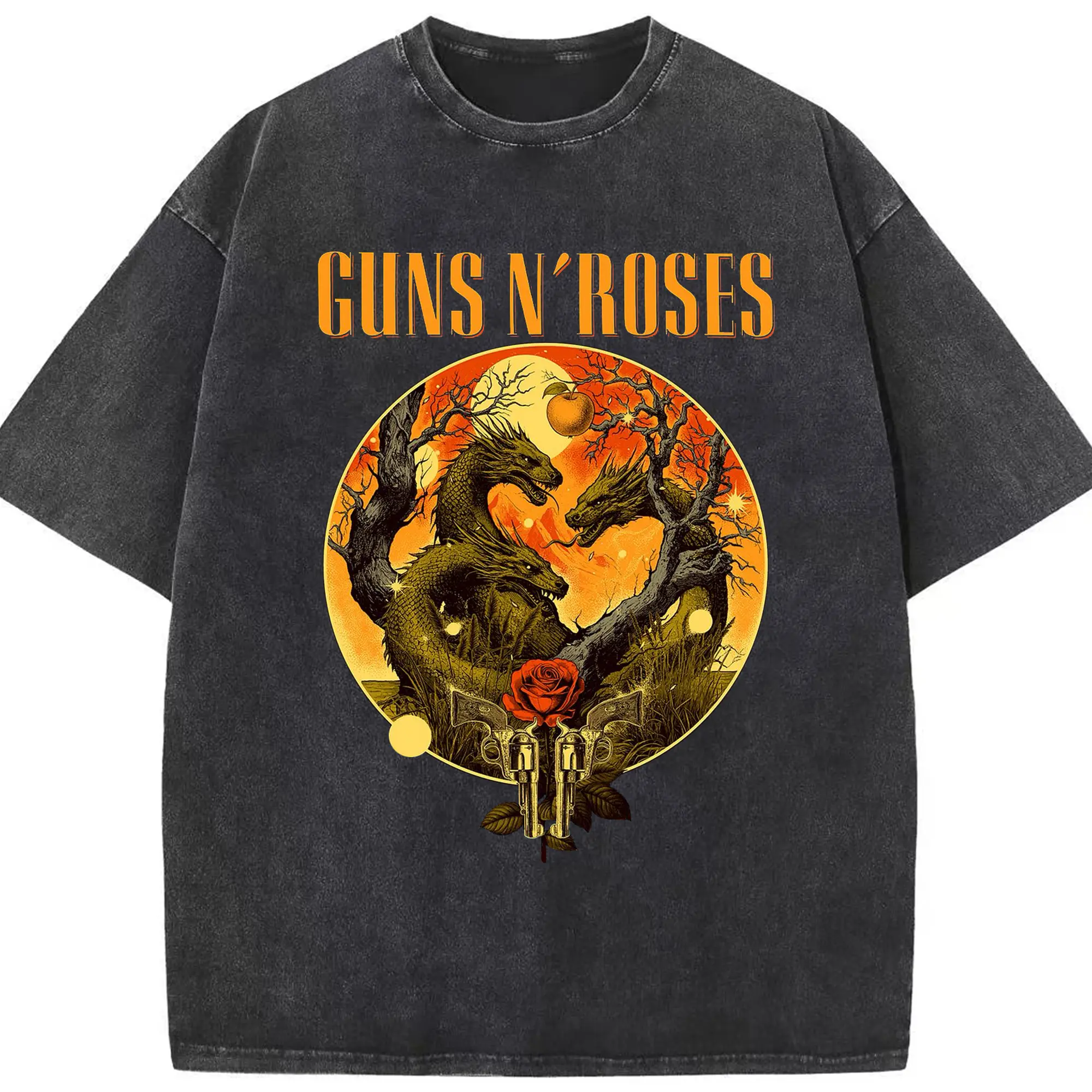 Guns N' Roses Dark Fantasy Dragon DIY Shirt - Washed Vintage Look 230g Cotton Oversized T-Shirt With Front Heat Transfer Print – Soft, Lightweight, Stylish Fit – Comfortable Casual Wear For Sports & Everyday Use