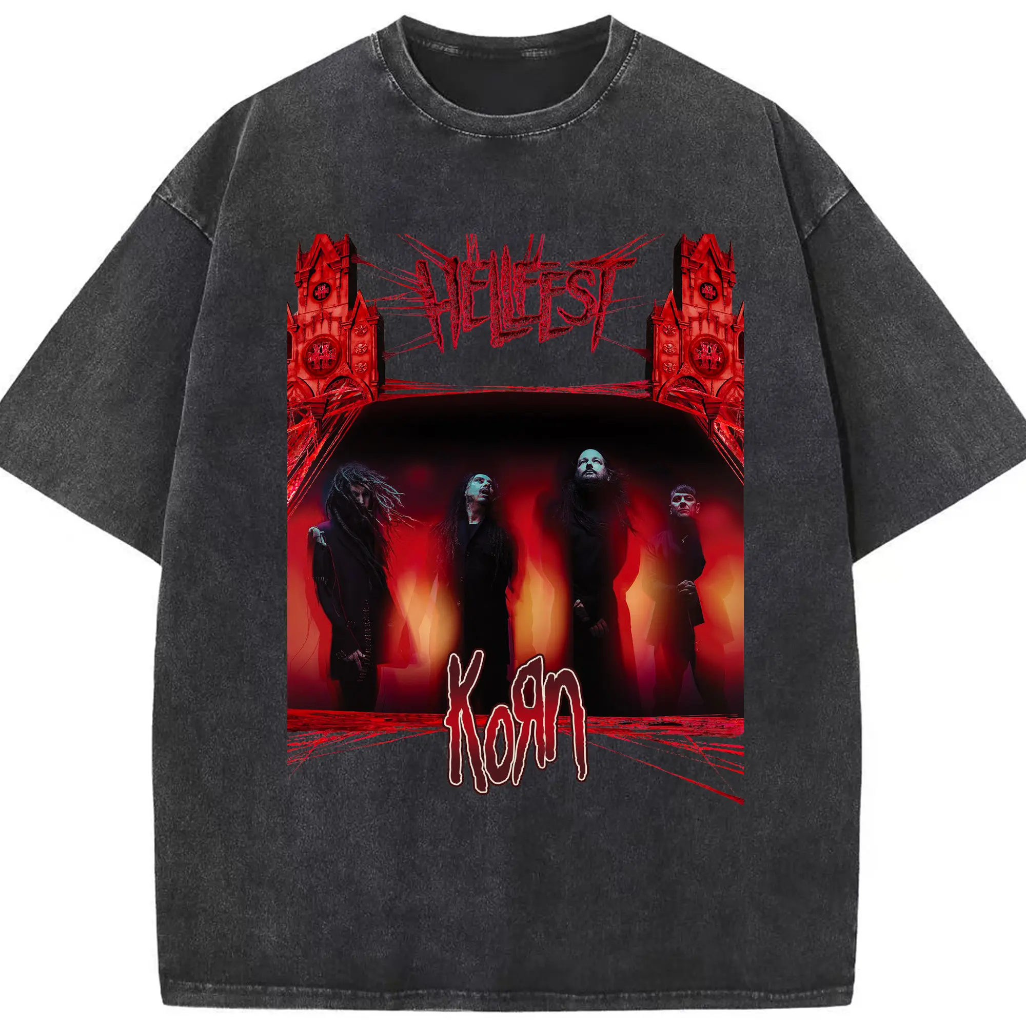 Korn Hellfest New Metal Rock DIY Sshirt-France only - Washed Vintage Look 230g Cotton Oversized T-Shirt With Front Heat Transfer Print – Soft, Lightweight, Stylish Fit – Comfortable Casual Wear For Sports & Everyday Use