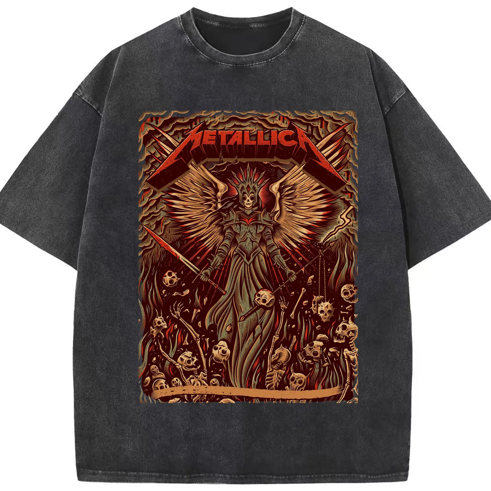 Metallica Dark Winged Death DIY Shirt - Washed Vintage Look 230g Cotton Oversized T-Shirt With Front Heat Transfer Print – Soft, Lightweight, Stylish Fit – Comfortable Casual Wear For Sports & Everyday Use