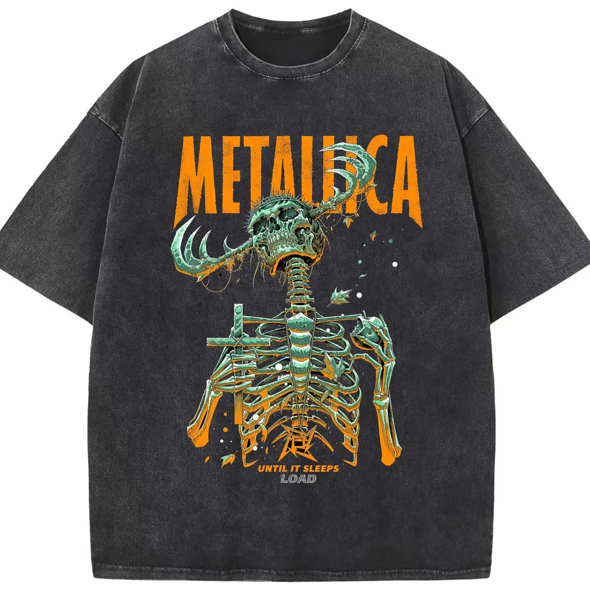 Metallica Horned Skeleton Art DIY Shirt - Washed Vintage Look 230g Cotton Oversized T-Shirt With Front Heat Transfer Print – Soft, Lightweight, Stylish Fit – Comfortable Casual Wear For Sports & Everyday Use
