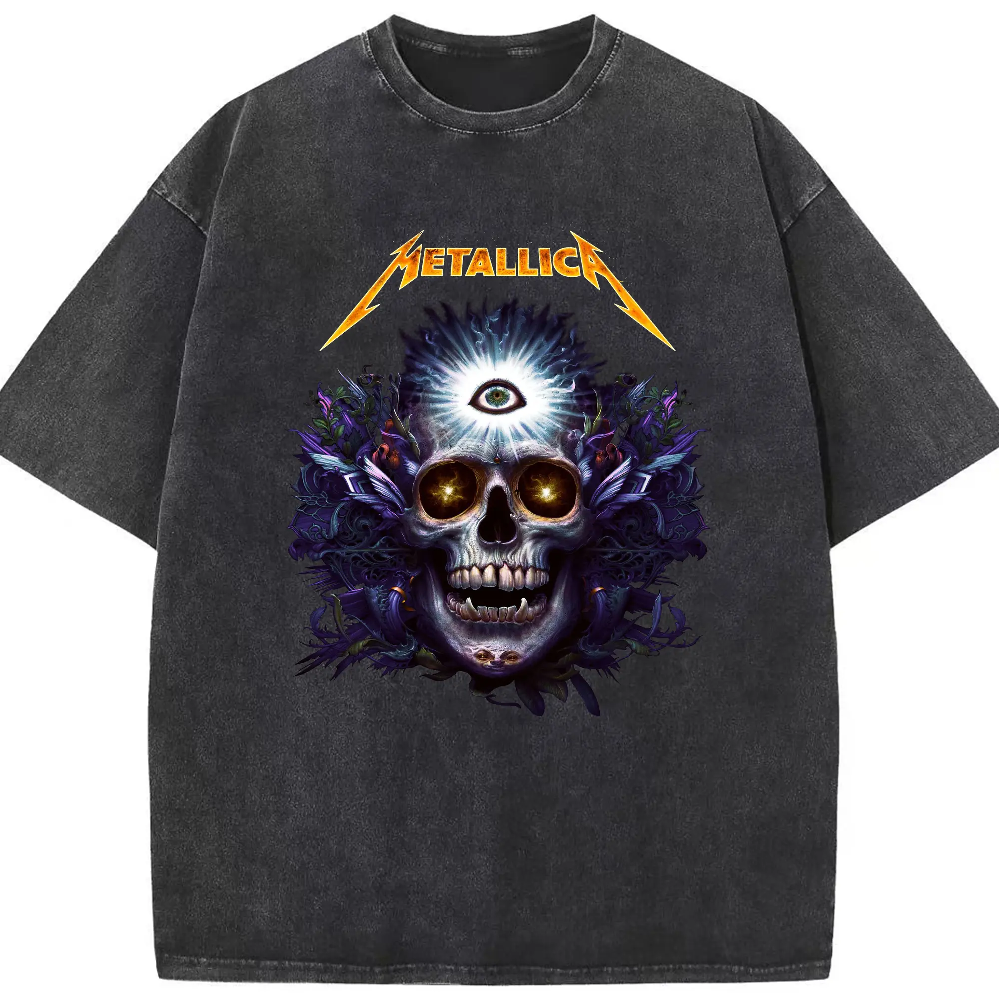 Metallica “Sky Eye Skull” DIY Art Shirt - Washed Vintage Look 230g Cotton Oversized T-Shirt With Front Heat Transfer Print – Soft, Lightweight, Stylish Fit – Comfortable Casual Wear For Sports & Everyday Use