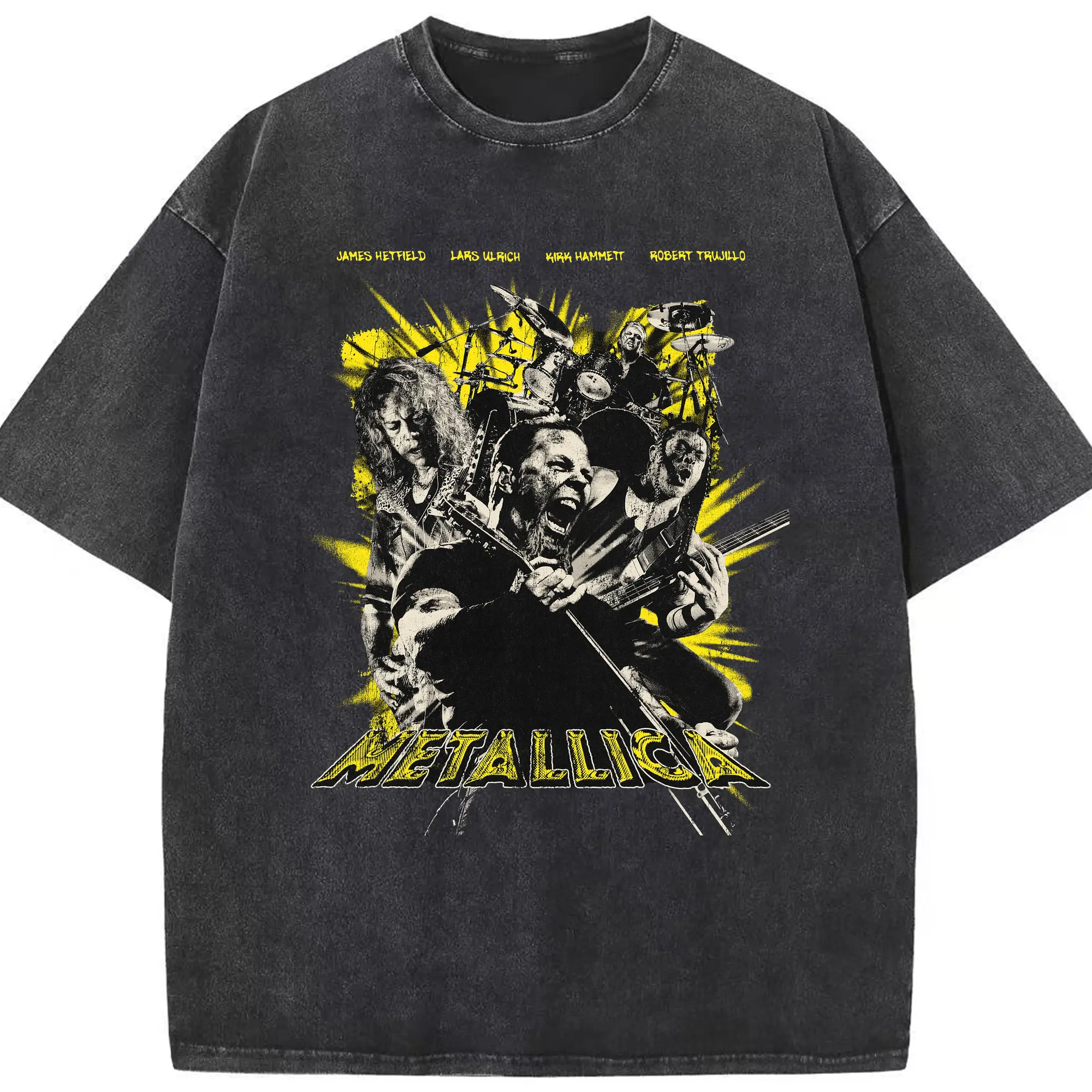 Metallica All Members Heavy Metal Rock Band DIY Shirt - Washed Vintage Look 230g Cotton Oversized T-Shirt With Front Heat Transfer Print – Soft, Lightweight, Stylish Fit – Comfortable Casual Wear For Sports & Everyday Use