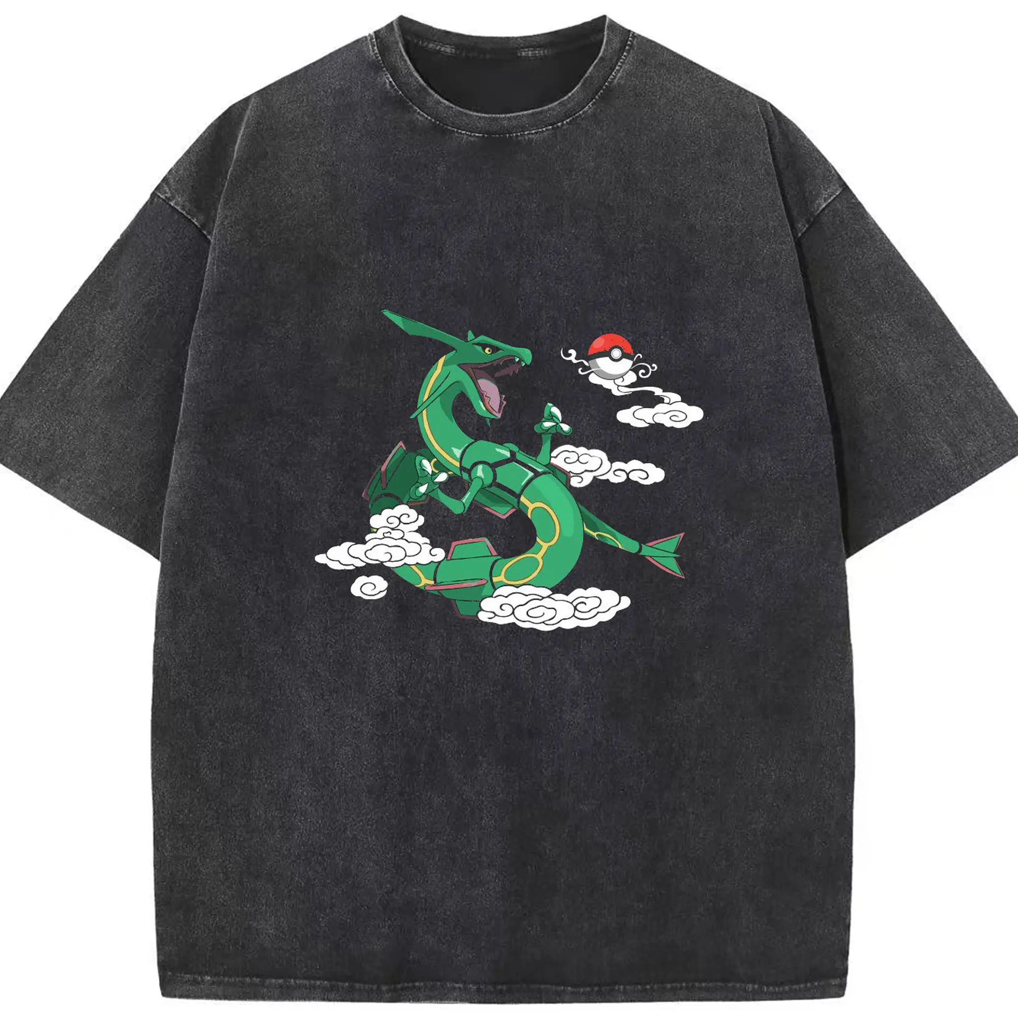 Pokémon Rayquaza Legendary DIY - Washed Vintage Look 230g Cotton Oversized T-Shirt With Front Heat Transfer Print – Soft, Lightweight, Stylish Fit – Comfortable Casual Wear For Sports & Everyday Use