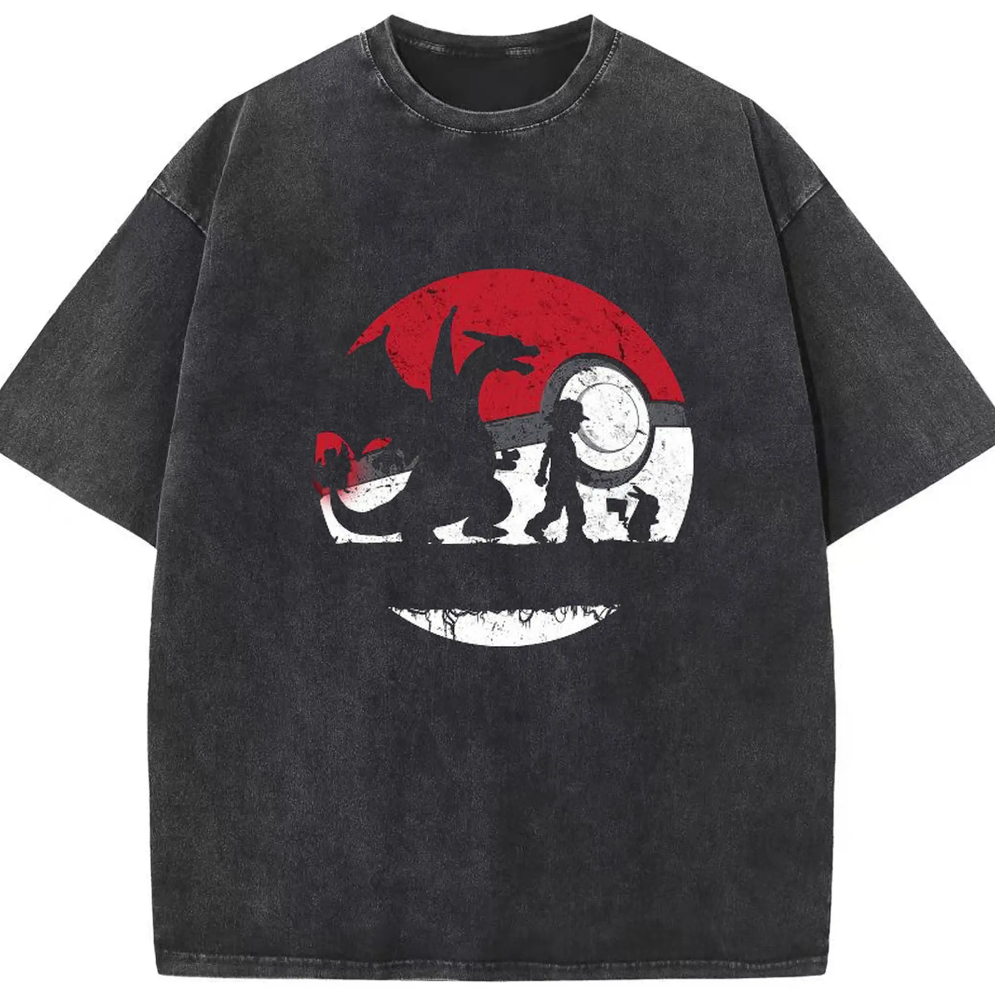 Pokémon Charizard & Trainer Retro DIY - Washed Vintage Look 230g Cotton Oversized T-Shirt With Front Heat Transfer Print – Soft, Lightweight, Stylish Fit – Comfortable Casual Wear For Sports & Everyday Use