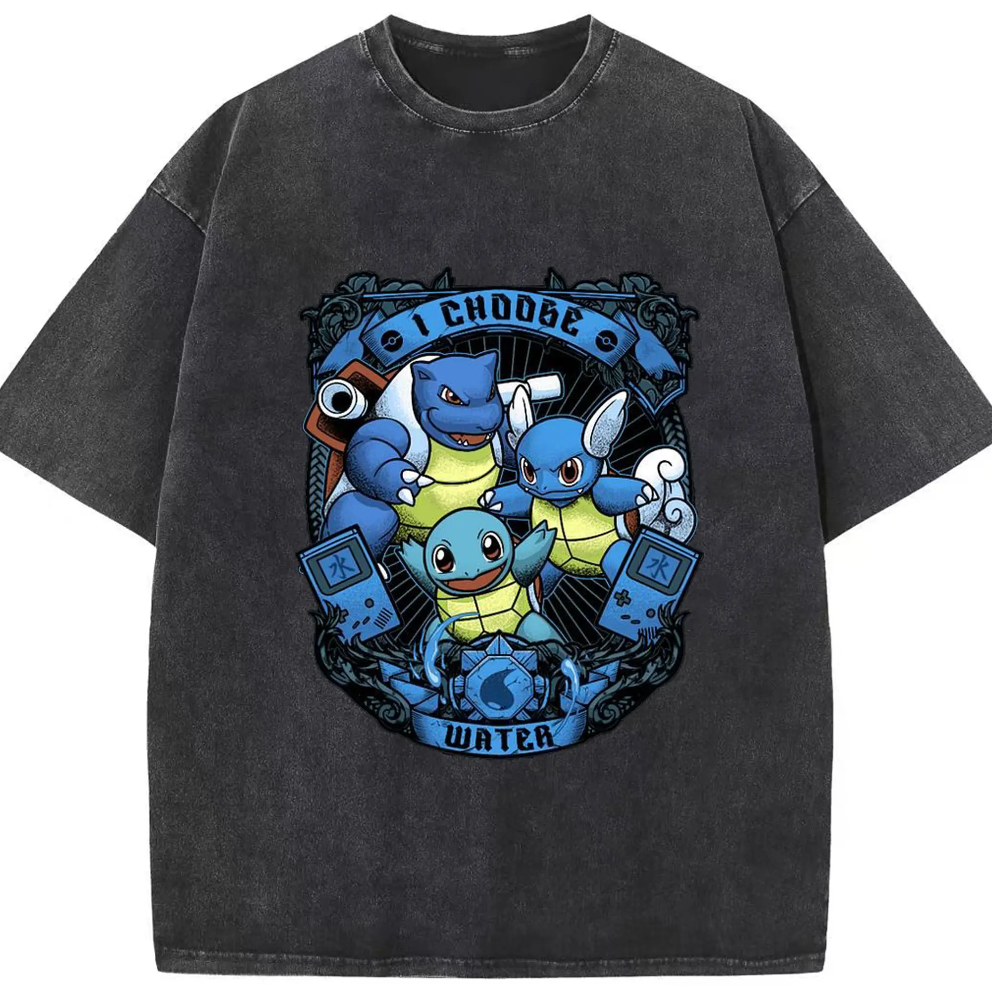 Pokémon Water Starters Retro DIY - Washed Vintage Look 230g Cotton Oversized T-Shirt With Front Heat Transfer Print – Soft, Lightweight, Stylish Fit – Comfortable Casual Wear For Sports & Everyday Use