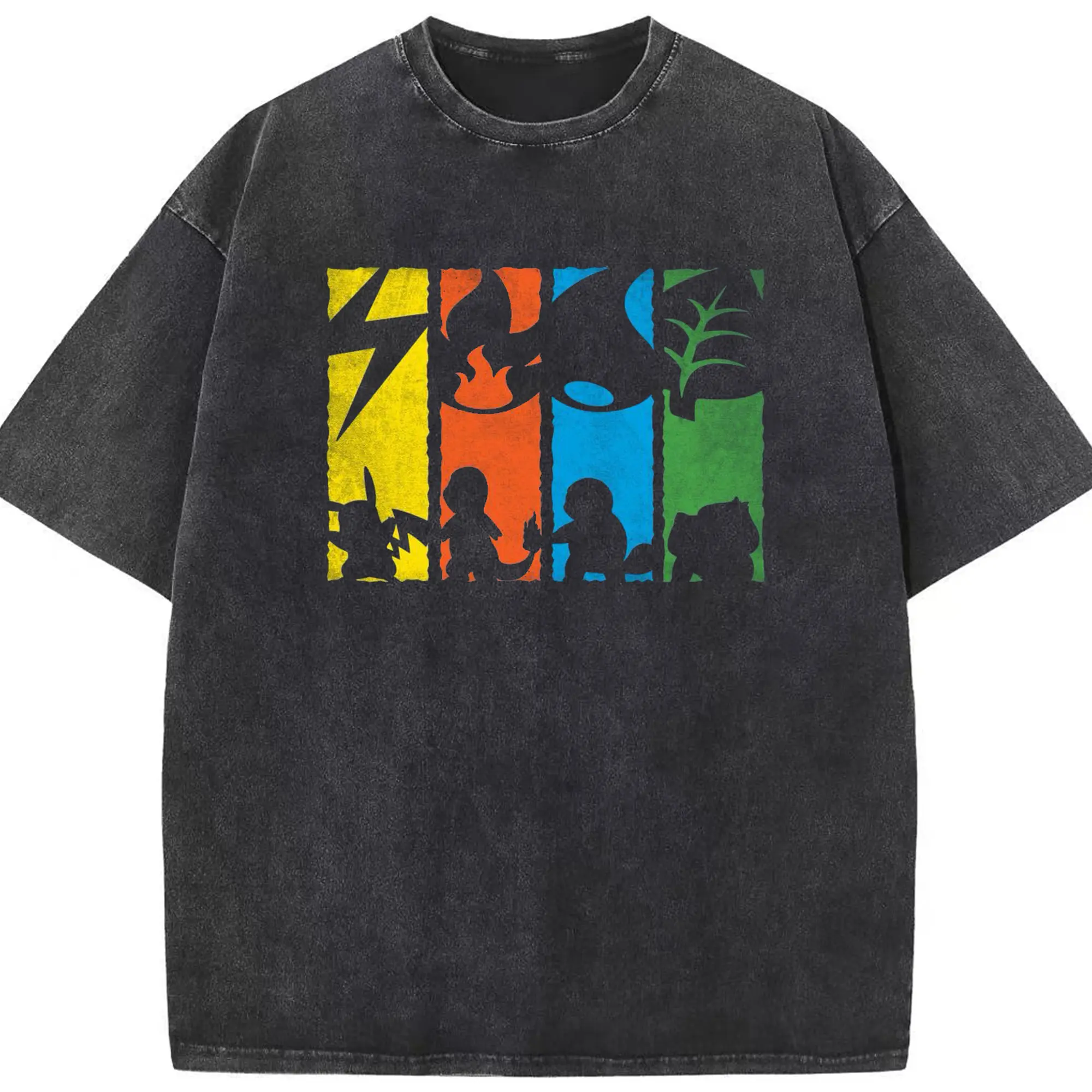 Pokémon Starter Pokémon Retro DIY - Washed Vintage Look 230g Cotton Oversized T-Shirt With Front Heat Transfer Print – Soft, Lightweight, Stylish Fit – Comfortable Casual Wear For Sports & Everyday Use