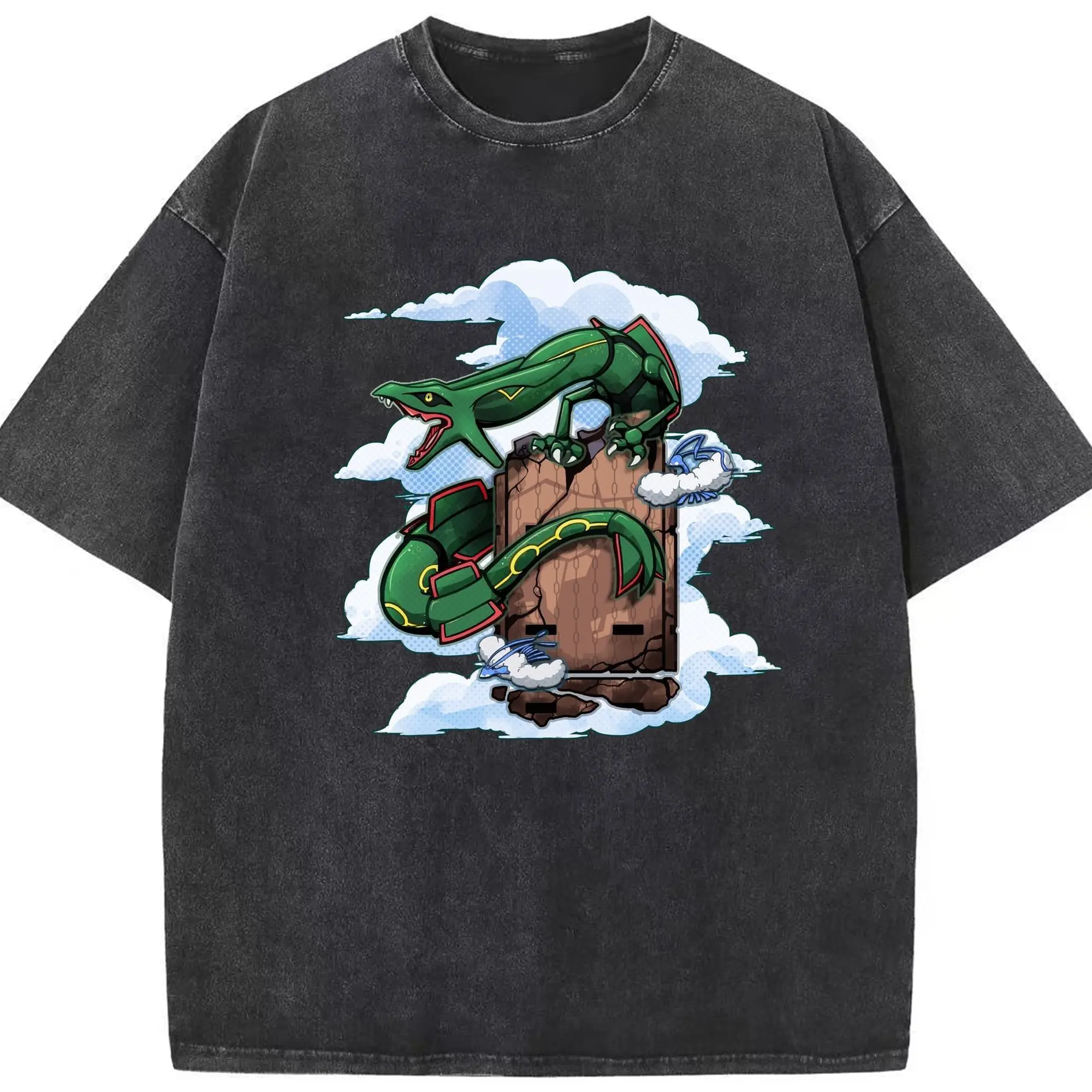 Pokémon Rayquaza Legendary Sky Dragon DIY - Washed Vintage Look 230g Cotton Oversized T-Shirt With Front Heat Transfer Print – Soft, Lightweight, Stylish Fit – Comfortable Casual Wear For Sports & Everyday Use