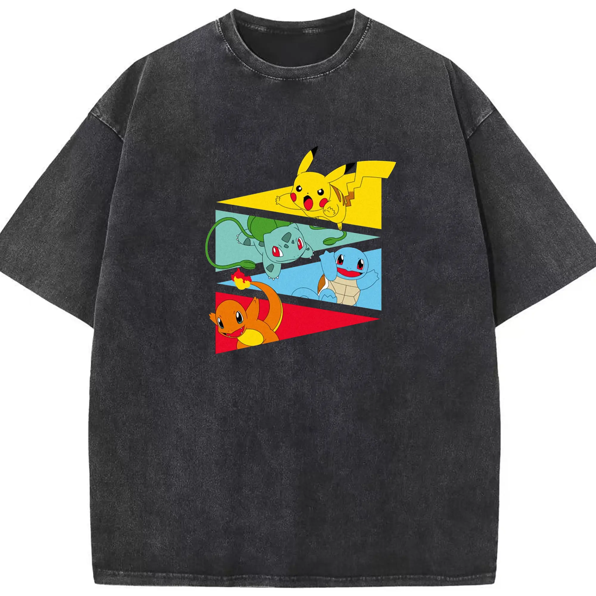 Pokémon Pikachu & Starters Color Block DIY - Washed Vintage Look 230g Cotton Oversized T-Shirt With Front Heat Transfer Print – Soft, Lightweight, Stylish Fit – Comfortable Casual Wear For Sports & Everyday Use