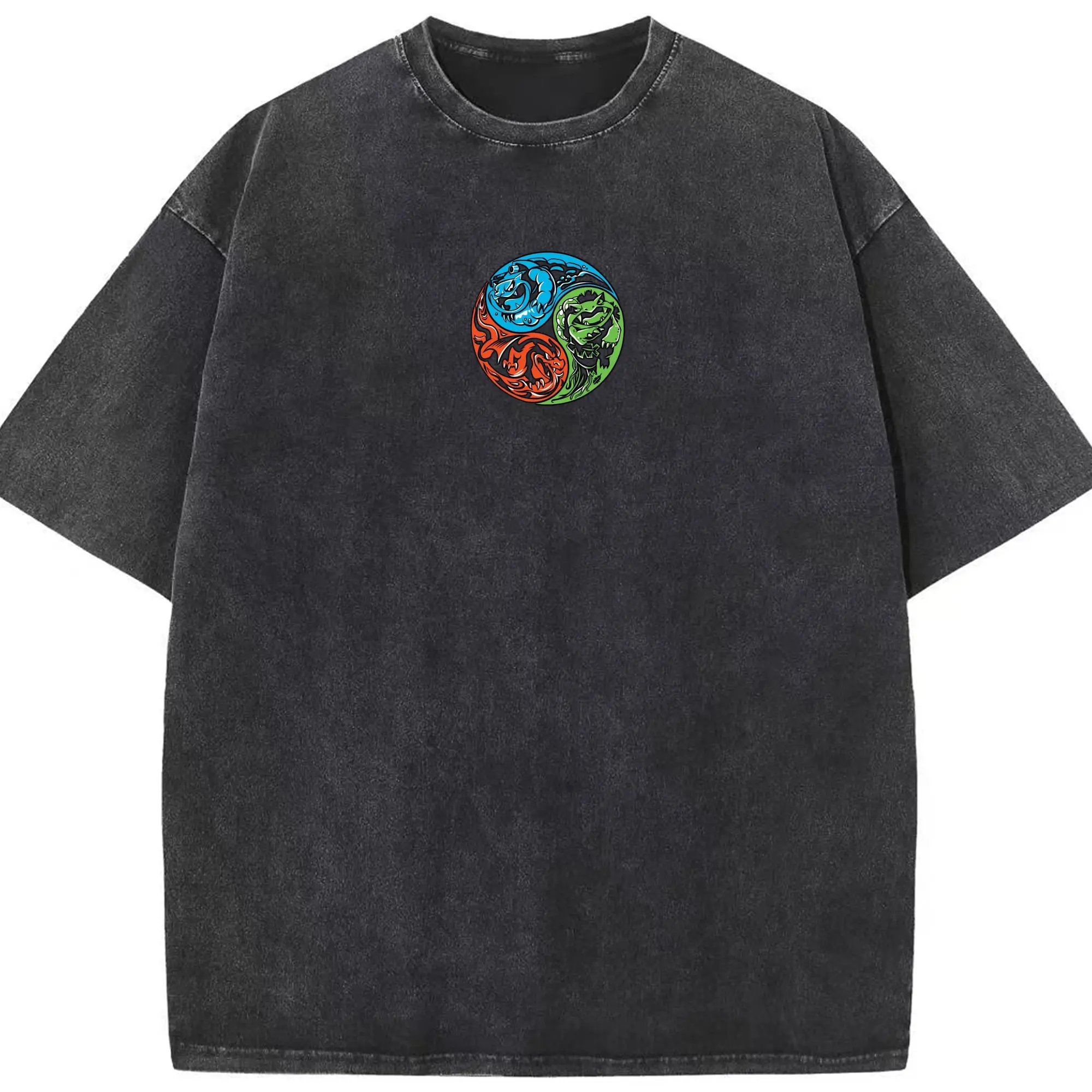 Pokémon Starter Final Evolutions Yin Yang DIY - Washed Vintage Look 230g Cotton Oversized T-Shirt With Front Heat Transfer Print – Soft, Lightweight, Stylish Fit – Comfortable Casual Wear For Sports & Everyday Use