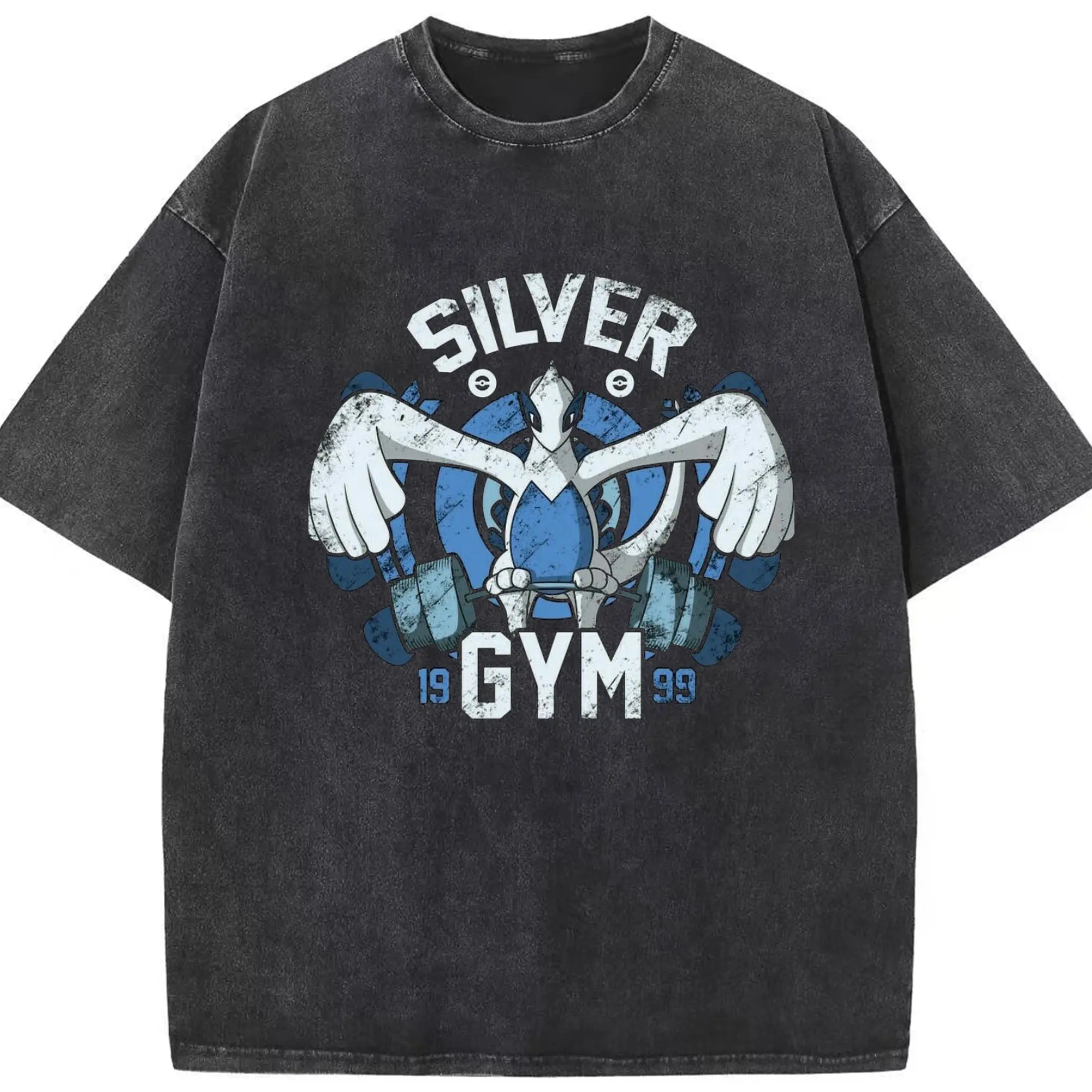 Pokémon Lugia Silver Gym Retro DIY - Washed Vintage Look 230g Cotton Oversized T-Shirt With Front Heat Transfer Print – Soft, Lightweight, Stylish Fit – Comfortable Casual Wear For Sports & Everyday Use