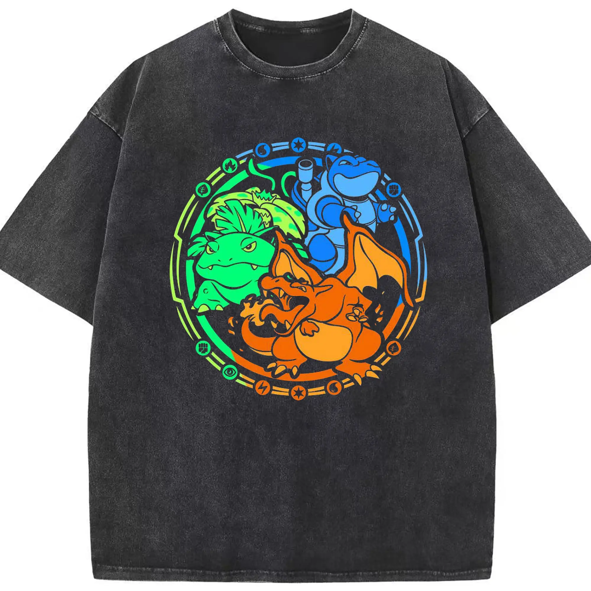 Pokémon Starter Final Evolutions DIY - Washed Vintage Look 230g Cotton Oversized T-Shirt With Front Heat Transfer Print – Soft, Lightweight, Stylish Fit – Comfortable Casual Wear For Sports & Everyday Use