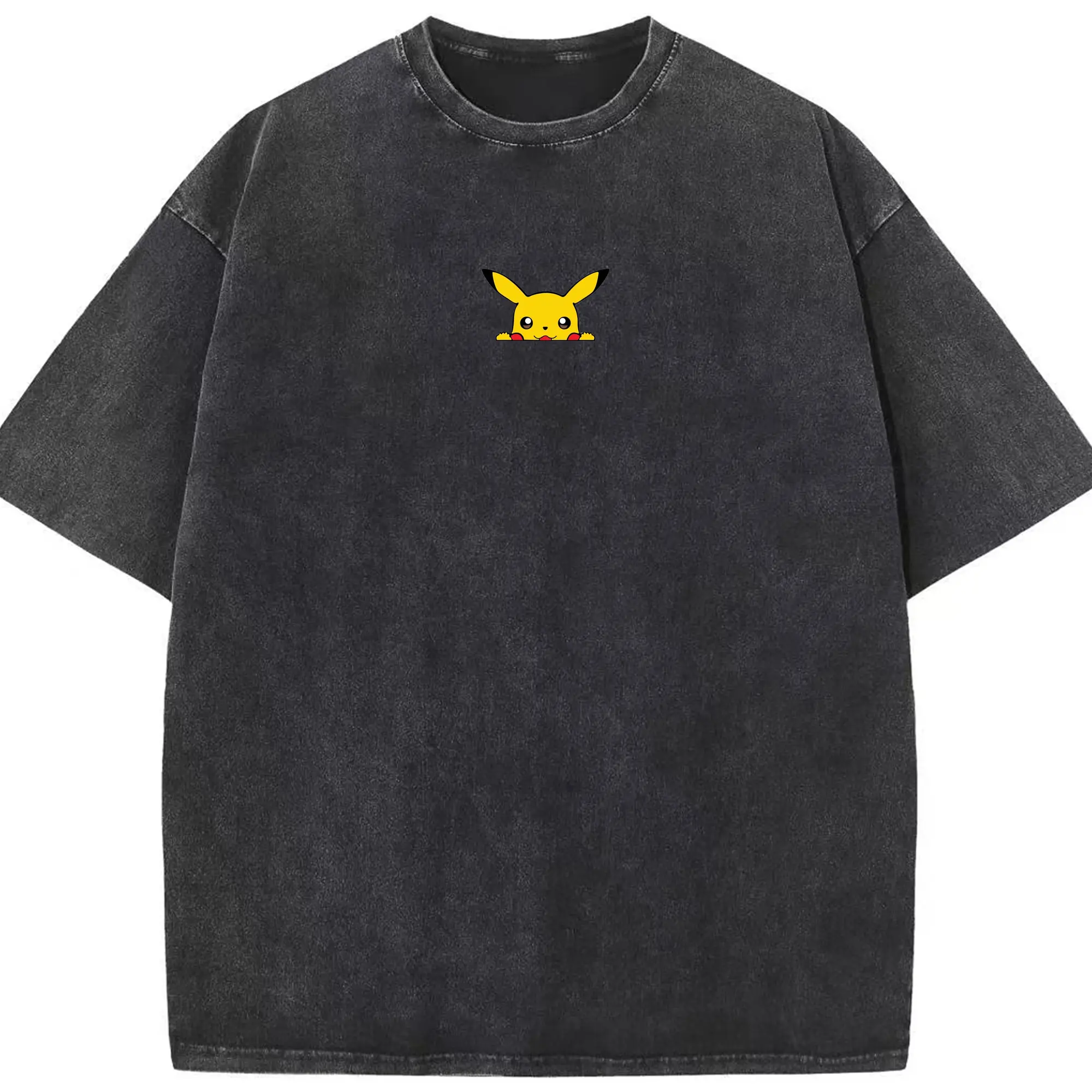 Pokémon Pikachu Peeking Cute DIY - Washed Vintage Look 230g Cotton Oversized T-Shirt With Front Heat Transfer Print – Soft, Lightweight, Stylish Fit – Comfortable Casual Wear For Sports & Everyday Use