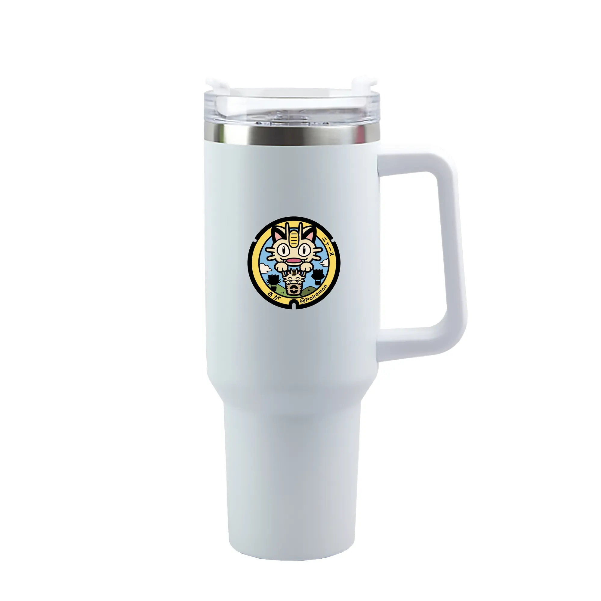 Pokémon Meowth Cute DIY - 40oz Handle Car Tumbler – Durable Stainless Steel Travel Mug With UV Print – Double Wall Insulated, Fits Most Car Cup Holders