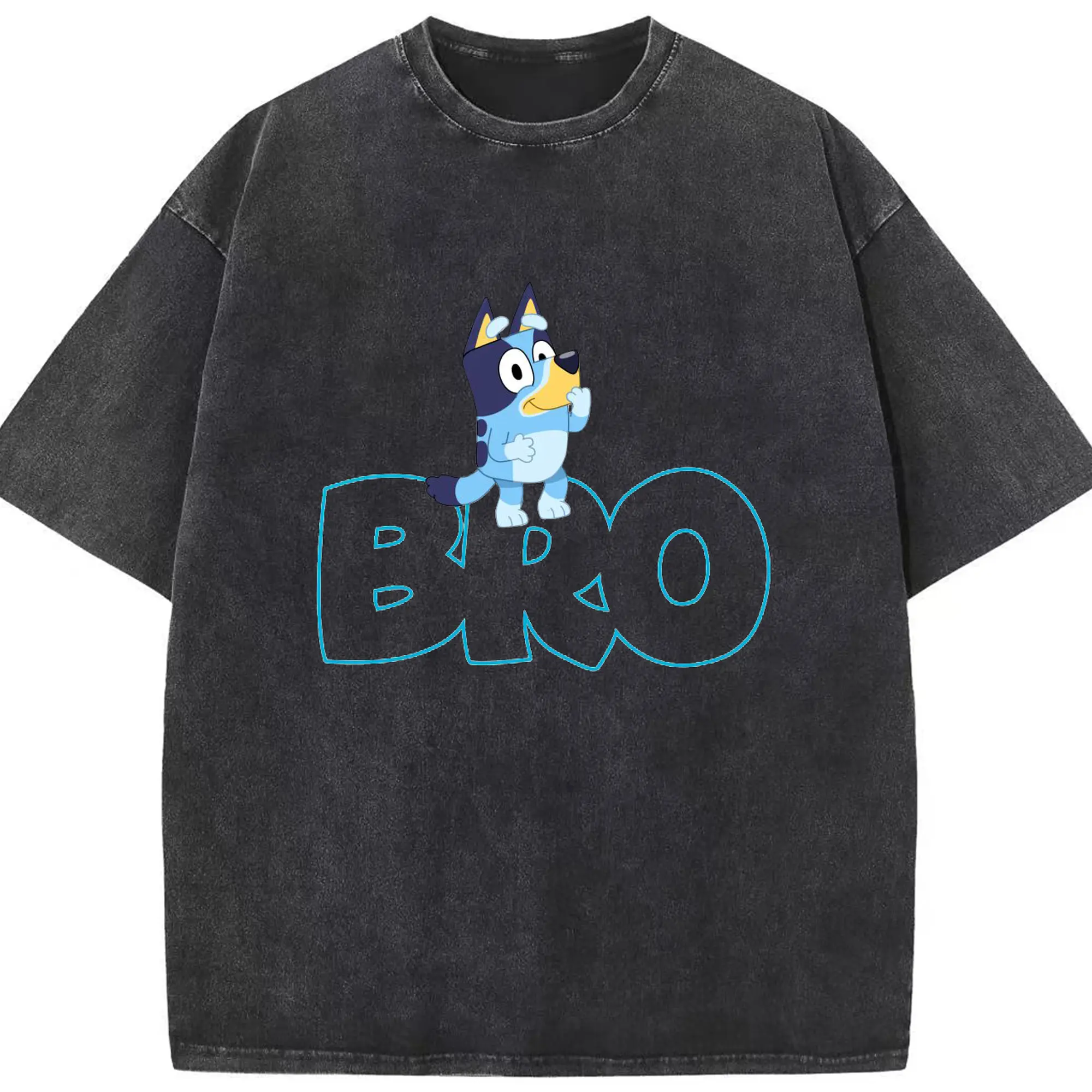 Bluey BRO Brotherly Love DIY - Washed Vintage Look 230g Cotton Oversized T-Shirt With Front Heat Transfer Print – Soft, Lightweight, Stylish Fit – Comfortable Casual Wear For Sports & Everyday Use