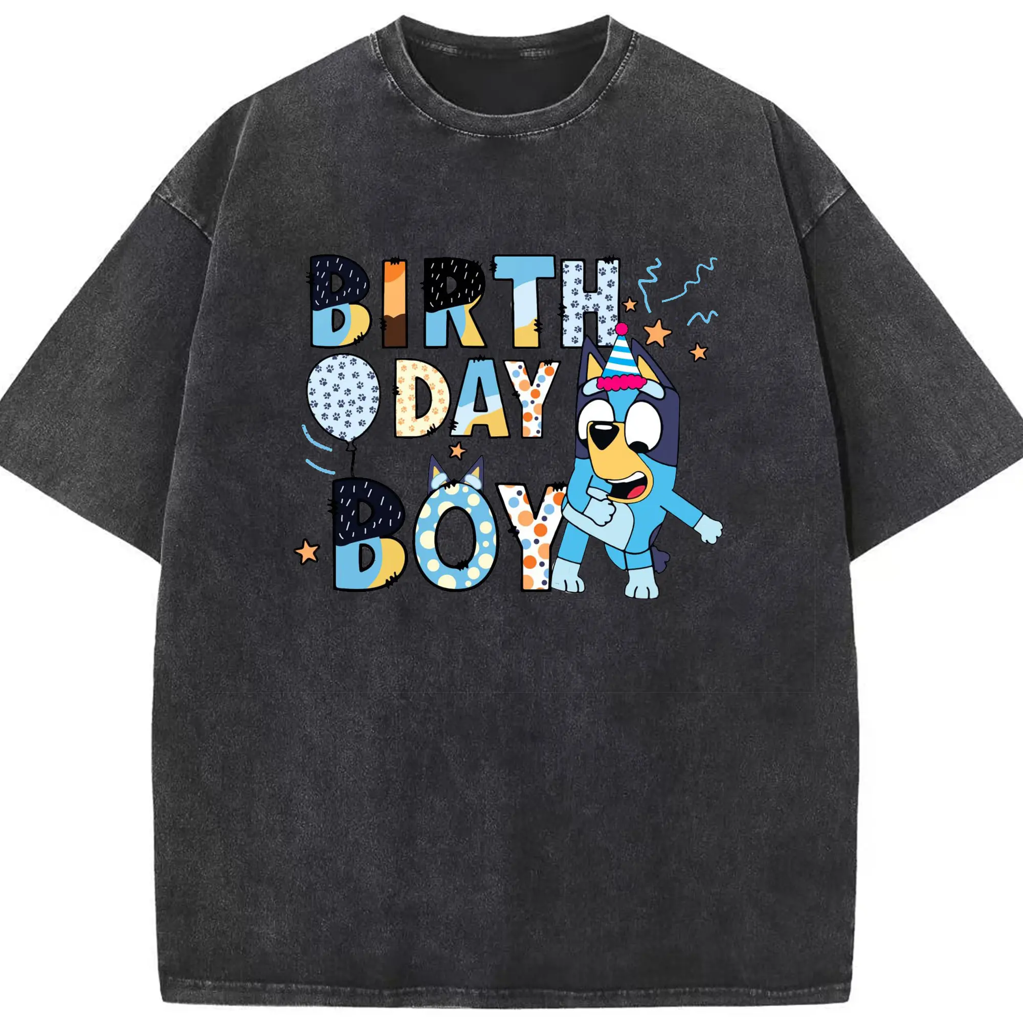 Bluey Birthday Boy DIY - Washed Vintage Look 230g Cotton Oversized T-Shirt With Front Heat Transfer Print – Soft, Lightweight, Stylish Fit – Comfortable Casual Wear For Sports & Everyday Use