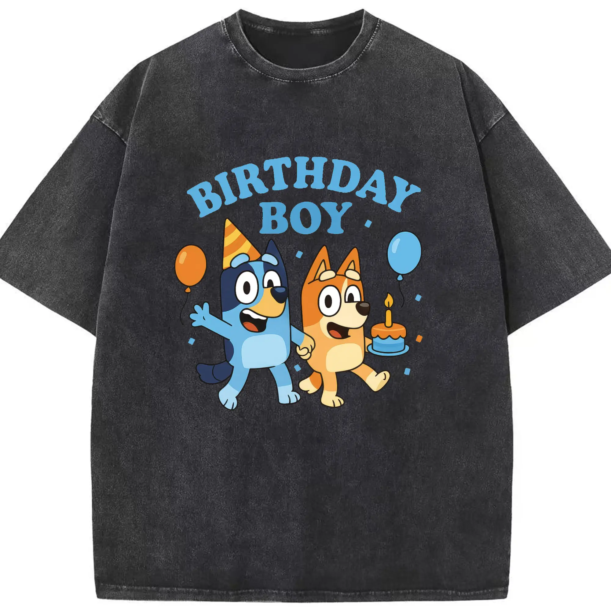 Bluey & Bingo Inspired Birthday Boy Trendy Kids DIY - Washed Vintage Look 230g Cotton Oversized T-Shirt With Front Heat Transfer Print – Soft, Lightweight, Stylish Fit – Comfortable Casual Wear For Sports & Everyday Use