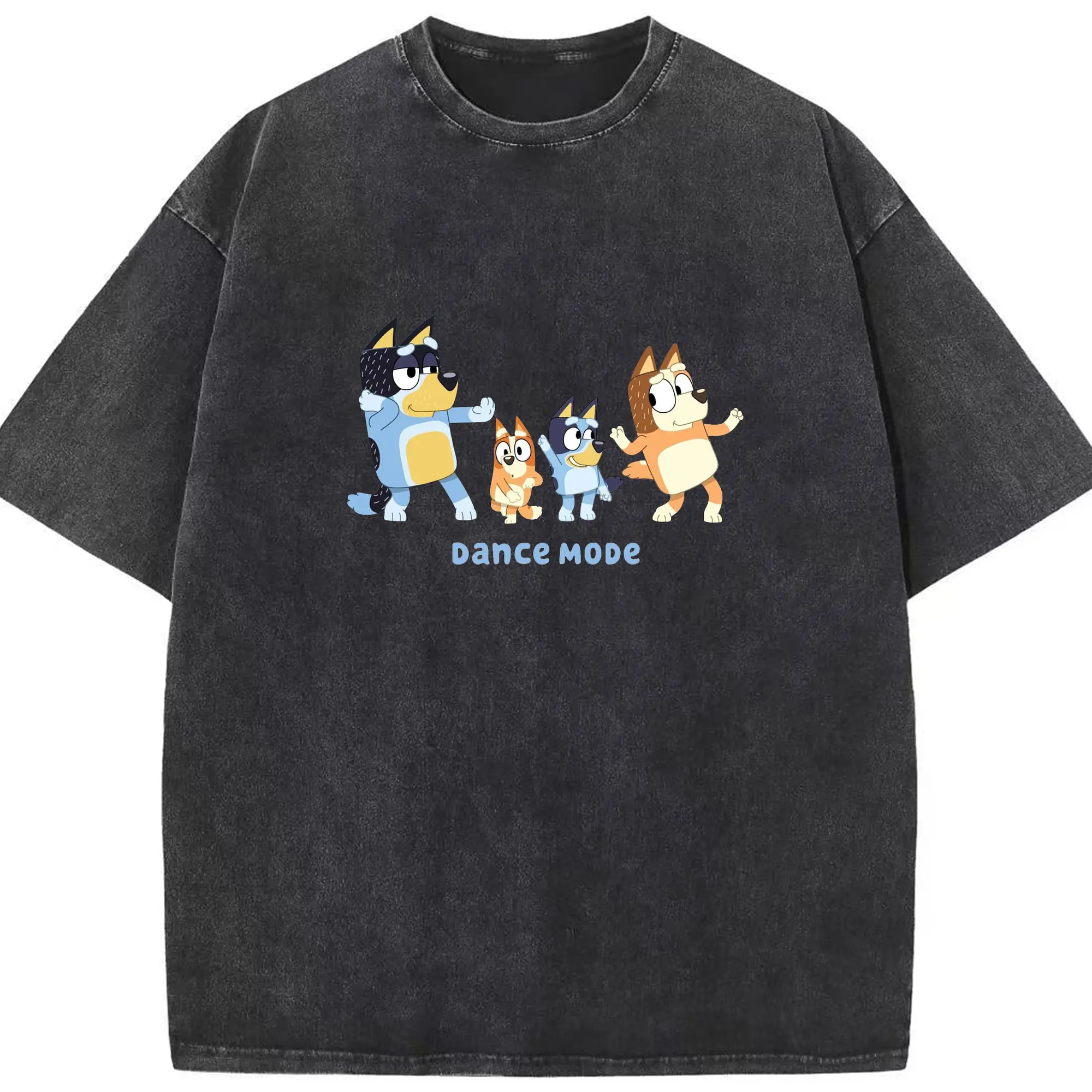 Bluey Family Dance Mode DIY - Washed Vintage Look 230g Cotton Oversized T-Shirt With Front Heat Transfer Print – Soft, Lightweight, Stylish Fit – Comfortable Casual Wear For Sports & Everyday Use
