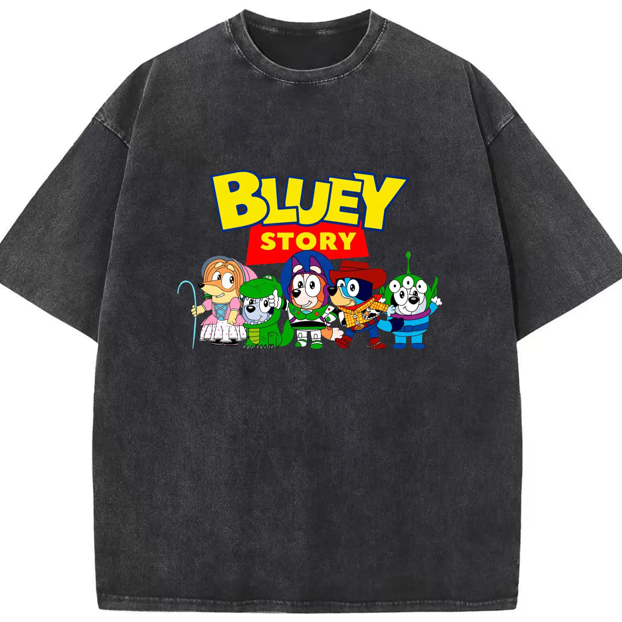 Bluey x Toy Story Crossover DIY - Washed Vintage Look 230g Cotton Oversized T-Shirt With Front Heat Transfer Print – Soft, Lightweight, Stylish Fit – Comfortable Casual Wear For Sports & Everyday Use