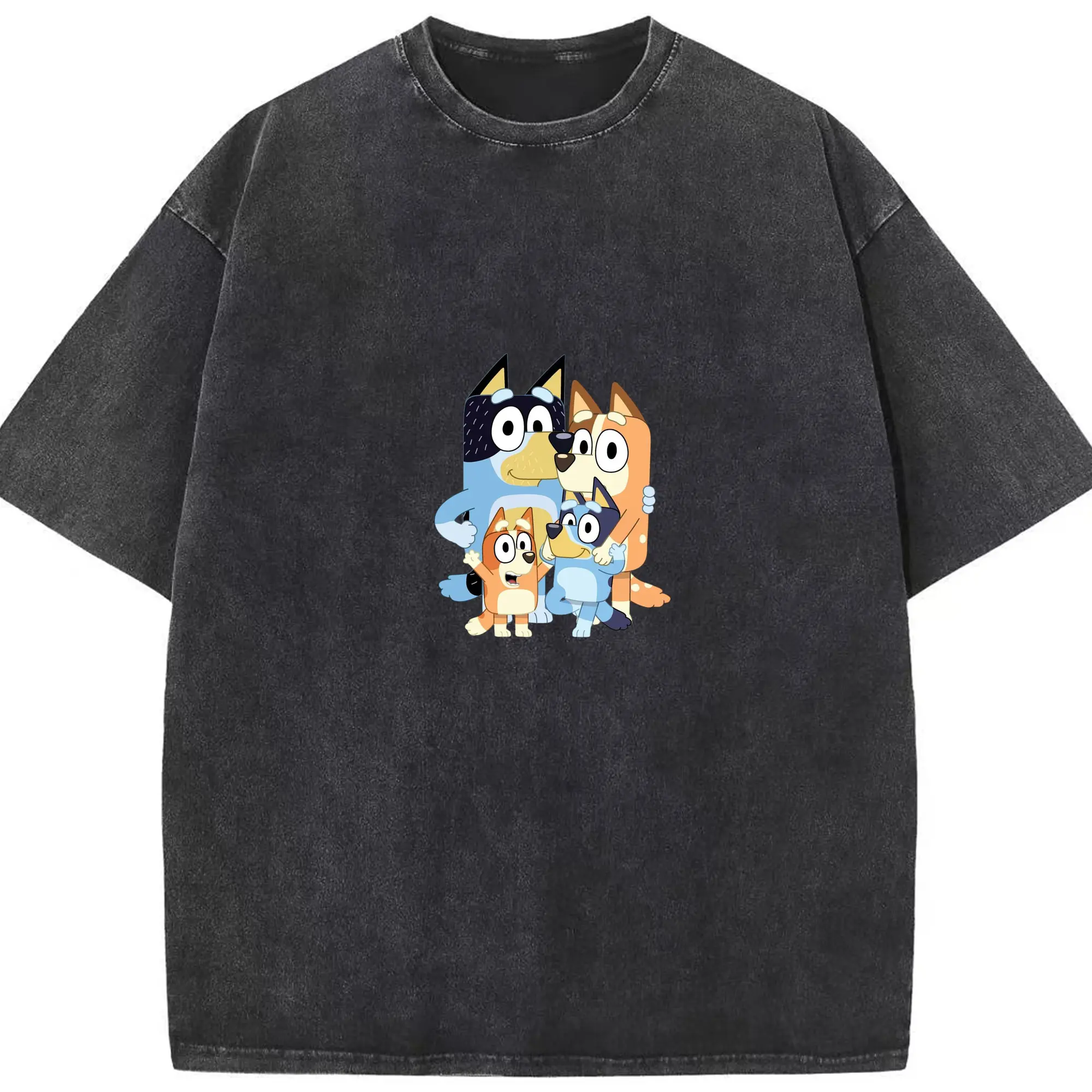 Bluey-Inspired Family Theme Trendy DIY - Washed Vintage Look 230g Cotton Oversized T-Shirt With Front Heat Transfer Print – Soft, Lightweight, Stylish Fit – Comfortable Casual Wear For Sports & Everyday Use
