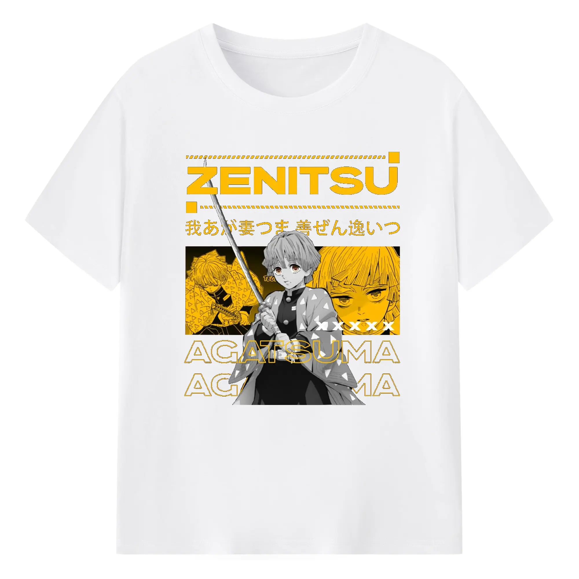 Demon Slayer Zenitsu Agatsuma Trendy Collage DIY Shirt - 180g Cotton T-Shirt With Front Heat Transfer Print – Soft, Lightweight, Fitted Design – Comfortable Casual Wear For Sports & Everyday Use