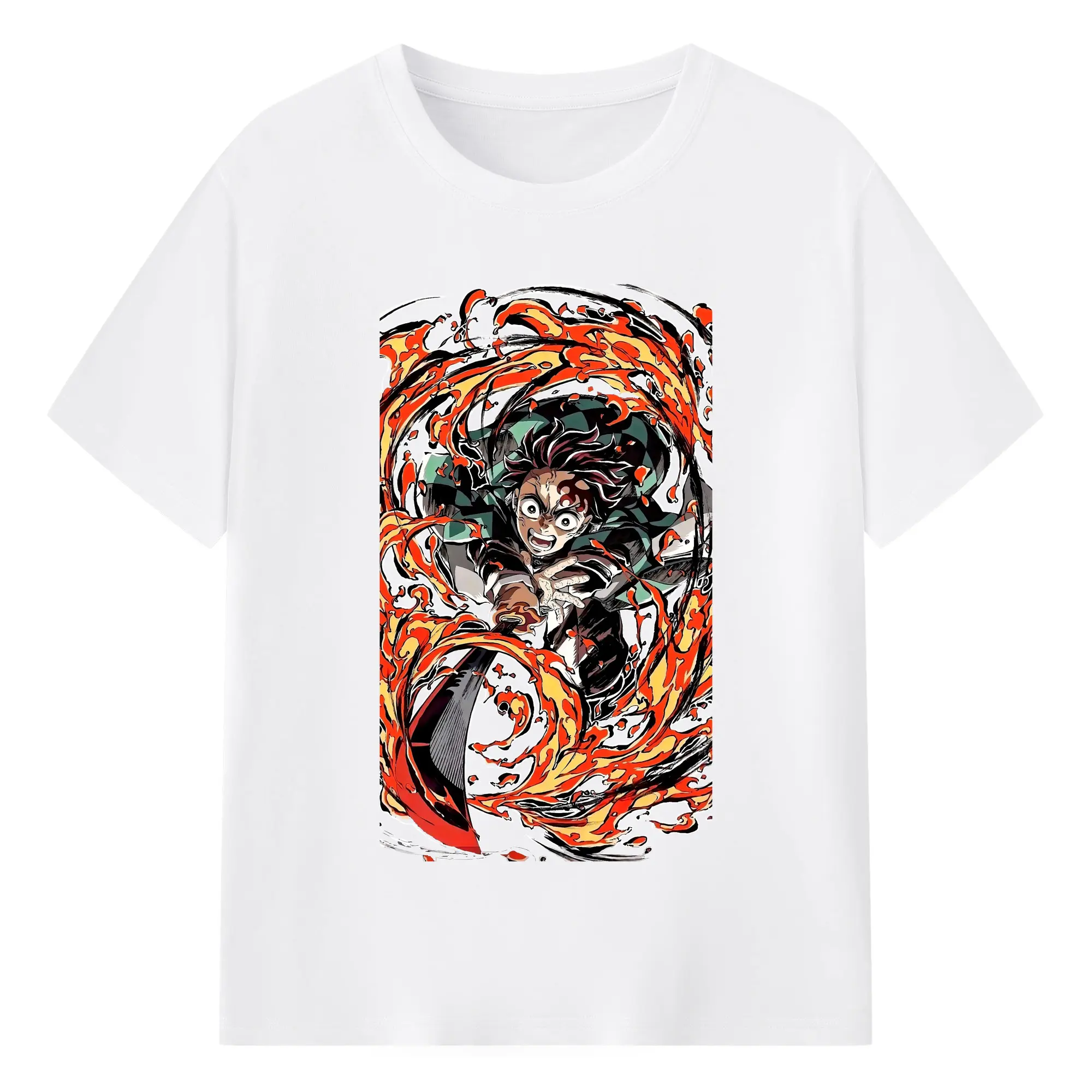 Demon Slayer Tanjiro Battle Flame DIY Shirt - 180g Cotton T-Shirt With Front Heat Transfer Print – Soft, Lightweight, Fitted Design – Comfortable Casual Wear For Sports & Everyday Use