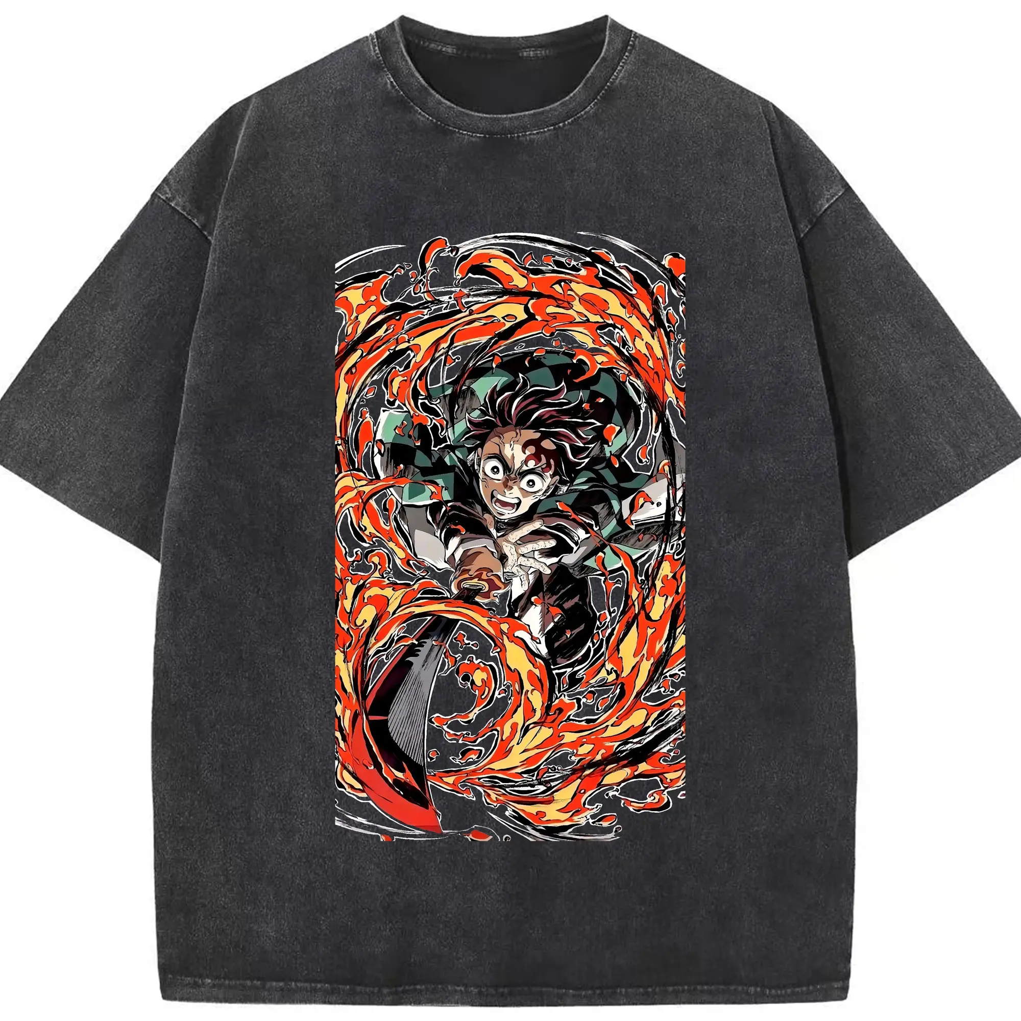 Demon Slayer Tanjiro Battle Flame DIY Shirt - Washed Vintage Look 230g Cotton Oversized T-Shirt With Front Heat Transfer Print – Soft, Lightweight, Stylish Fit – Comfortable Casual Wear For Sports & Everyday Use