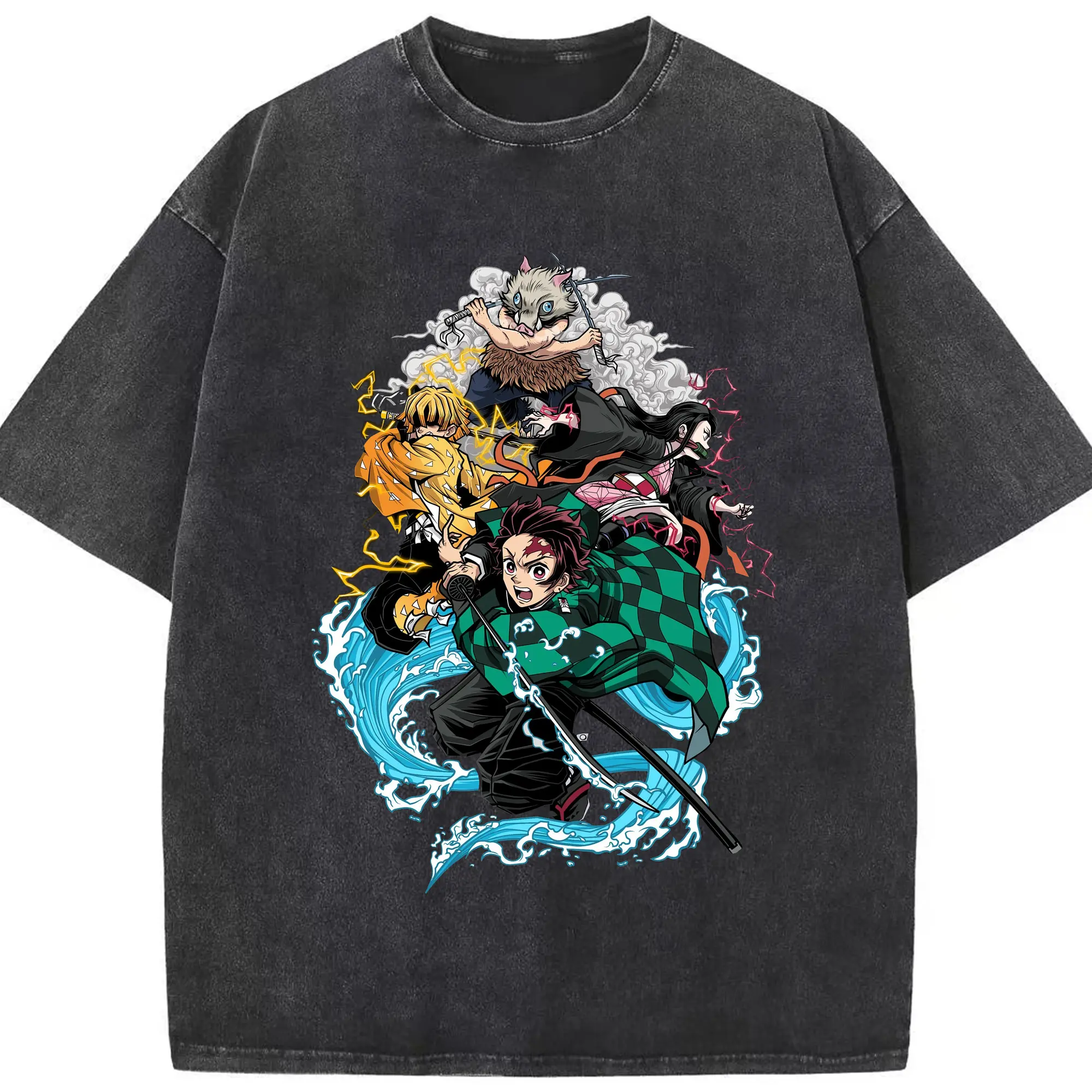 Trendy “Kimetsu no Yaiba Group Battle” DIY Shirt - Washed Vintage Look 230g Cotton Oversized T-Shirt With Front Heat Transfer Print – Soft, Lightweight, Stylish Fit – Comfortable Casual Wear For Sports & Everyday Use