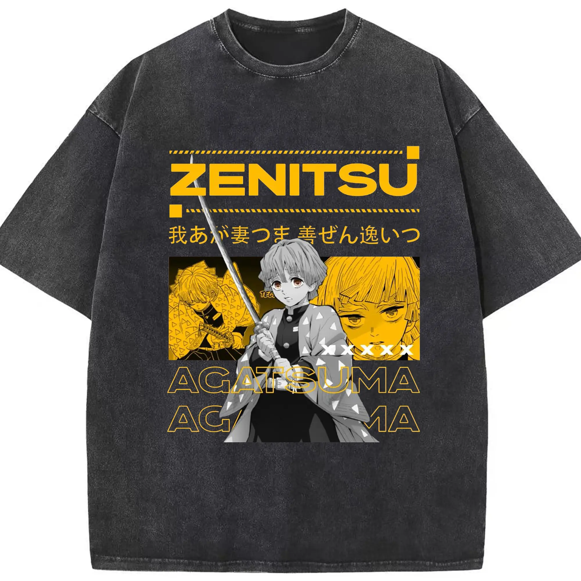 Demon Slayer Zenitsu Agatsuma Trendy Collage DIY Shirt - Washed Vintage Look 230g Cotton Oversized T-Shirt With Front Heat Transfer Print – Soft, Lightweight, Stylish Fit – Comfortable Casual Wear For Sports & Everyday Use