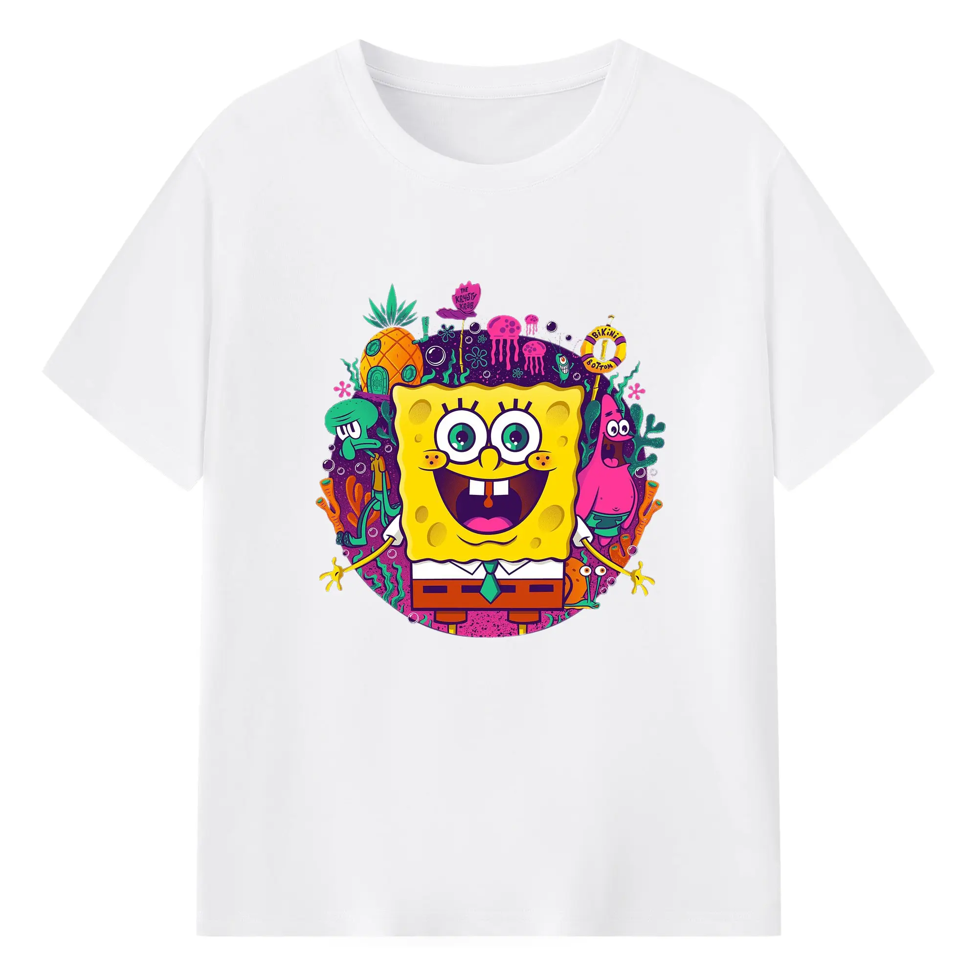 SpongeBob Bikini Bottom Cartoon Group DIY - 180g Cotton T-Shirt With Front Heat Transfer Print – Soft, Lightweight, Fitted Design – Comfortable Casual Wear For Sports & Everyday Use