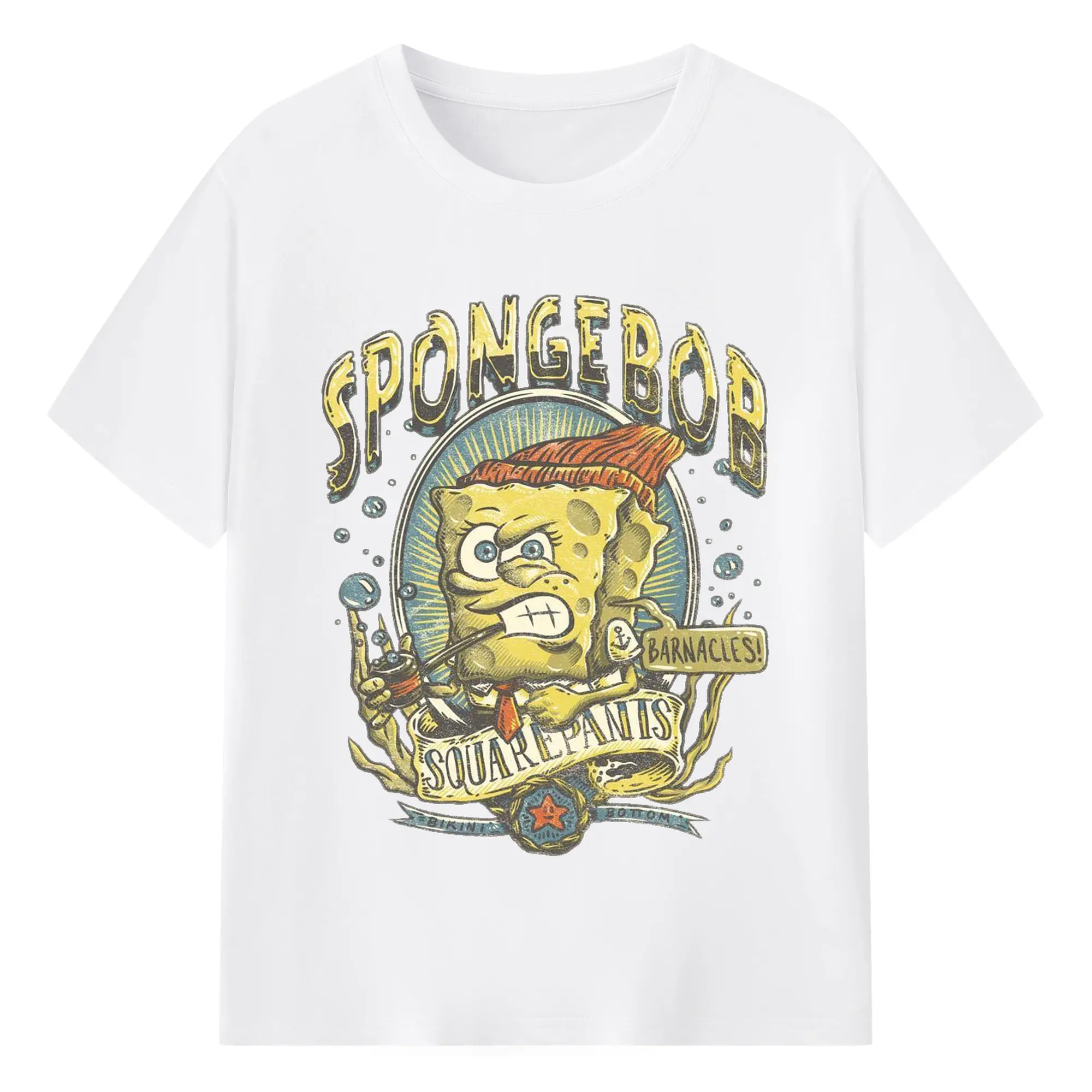 Retro Funny SpongeBob Barnacles! DIY - 180g Cotton T-Shirt With Front Heat Transfer Print – Soft, Lightweight, Fitted Design – Comfortable Casual Wear For Sports & Everyday Use
