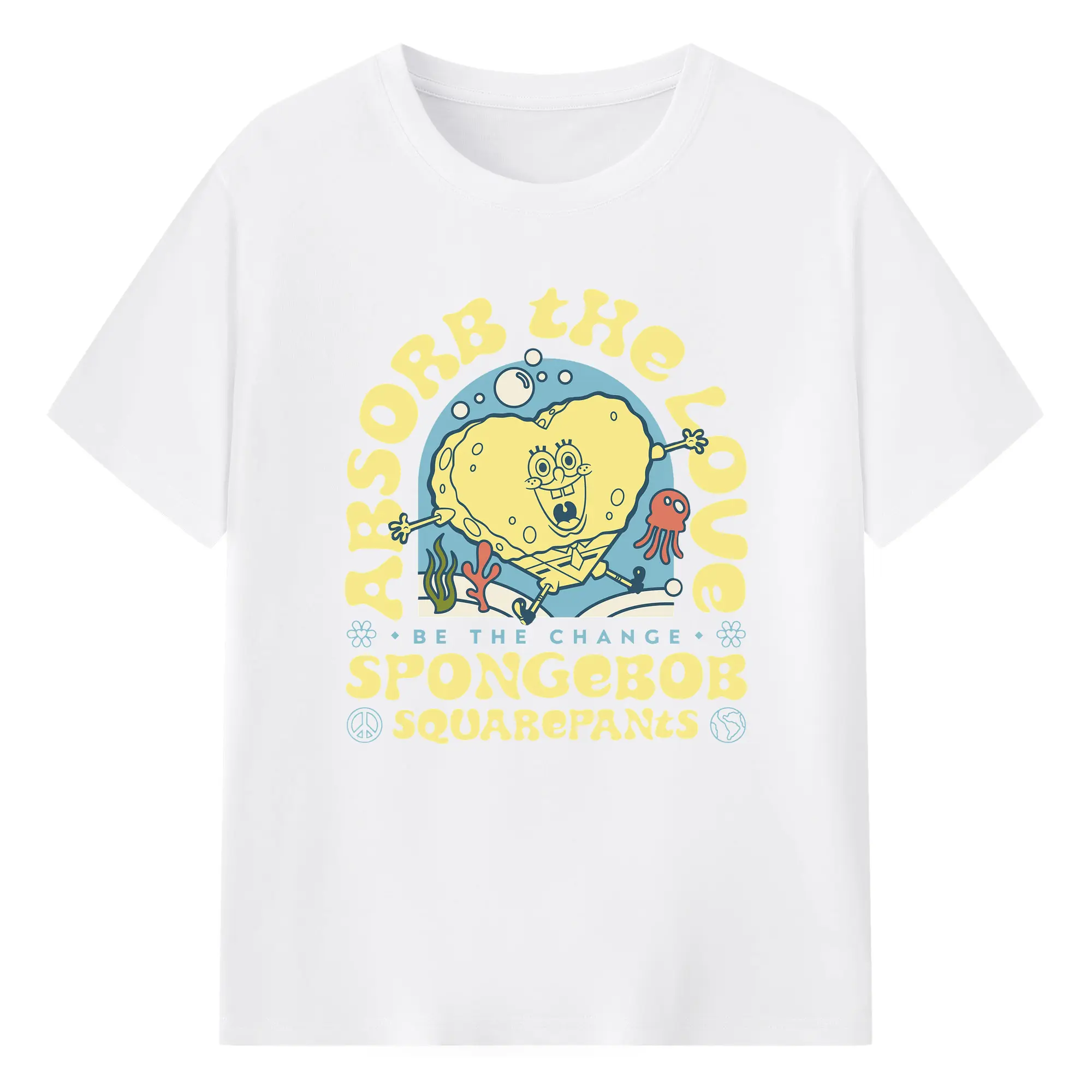 Retro SpongeBob Absorb The Love & Be The Change DIY - 180g Cotton T-Shirt With Front Heat Transfer Print – Soft, Lightweight, Fitted Design – Comfortable Casual Wear For Sports & Everyday Use