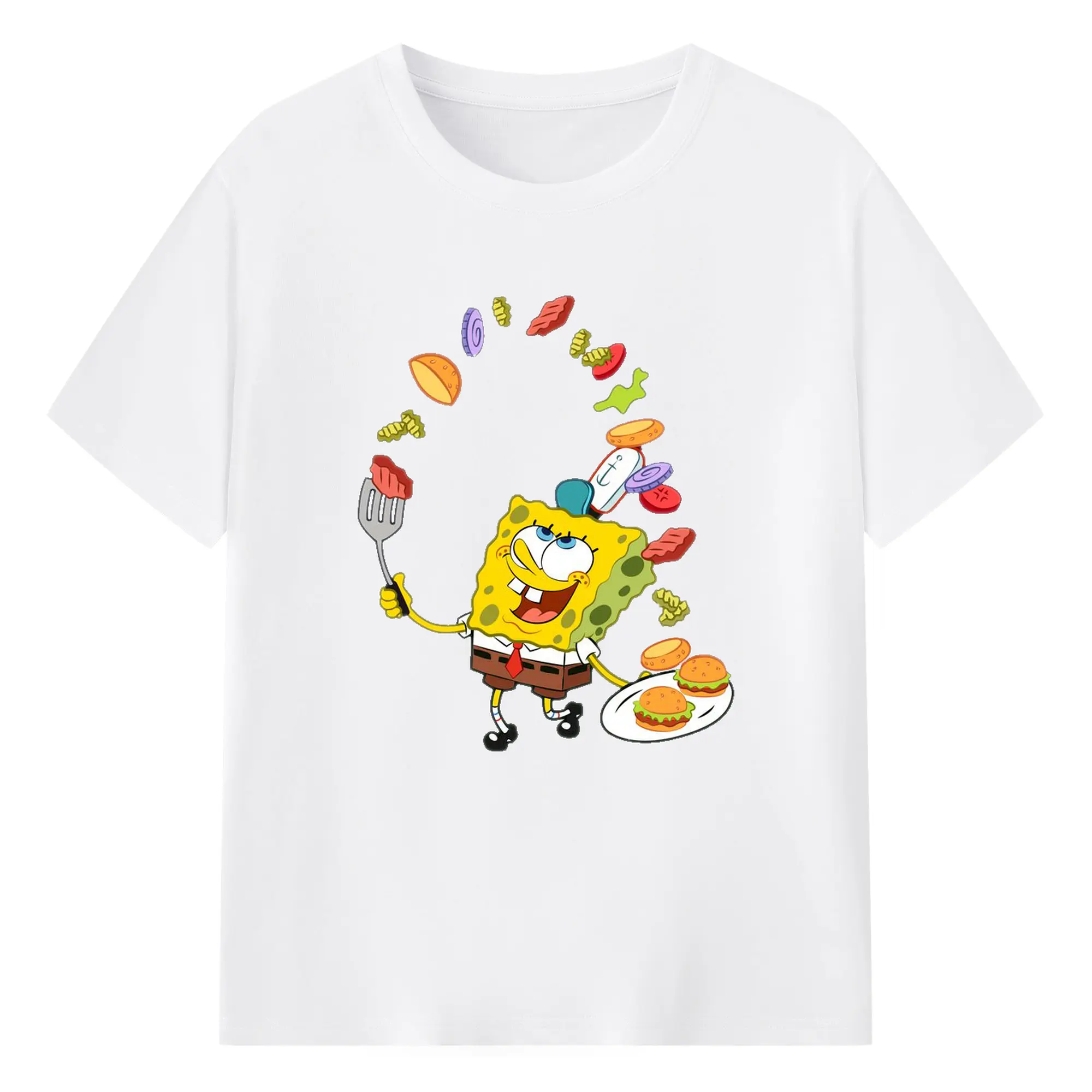 SpongeBob Cooking Krusty Krab Burgers DIY - 180g Cotton T-Shirt With Front Heat Transfer Print – Soft, Lightweight, Fitted Design – Comfortable Casual Wear For Sports & Everyday Use