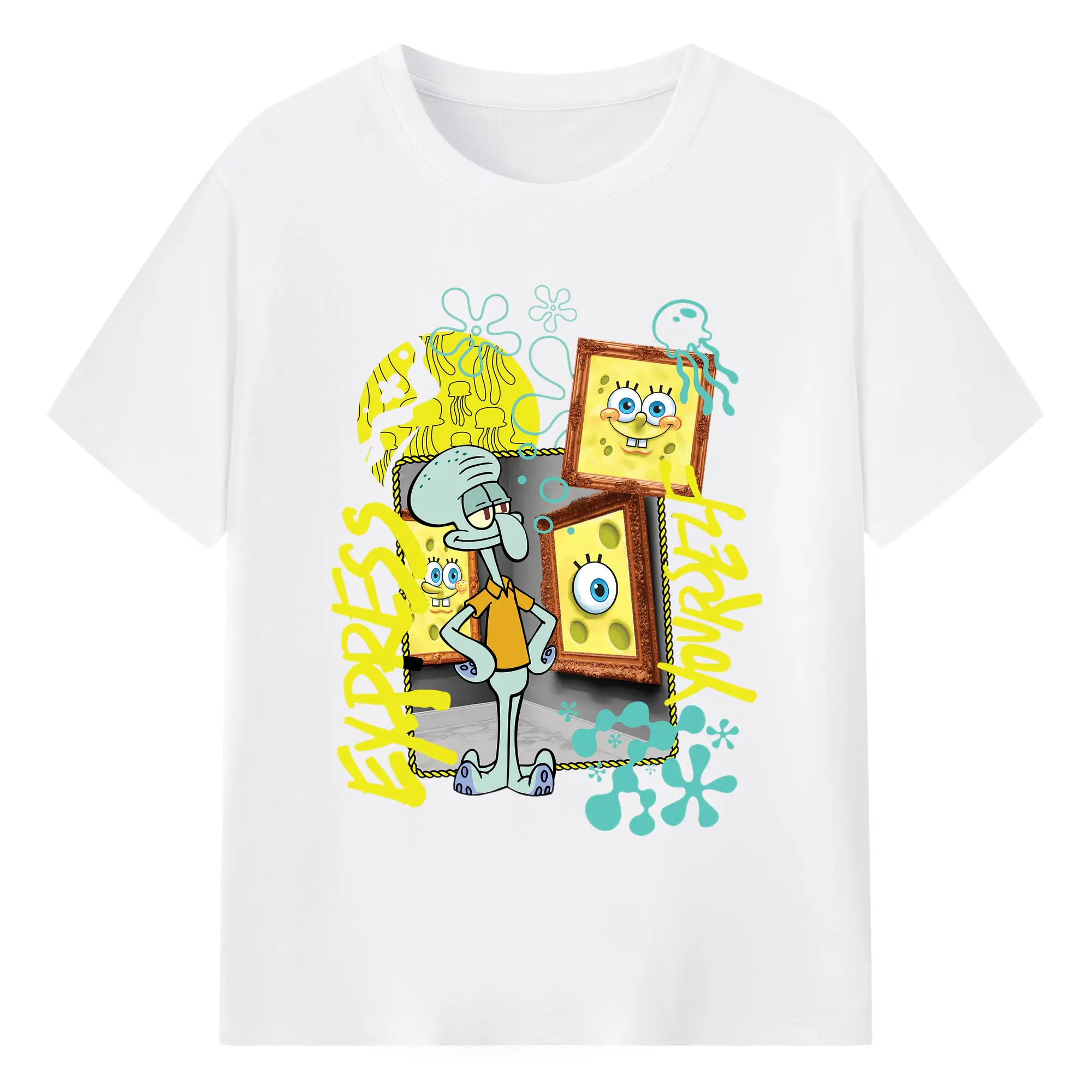 SpongeBob & Squidward Express Yourself DIY - 180g Cotton T-Shirt With Front Heat Transfer Print – Soft, Lightweight, Fitted Design – Comfortable Casual Wear For Sports & Everyday Use