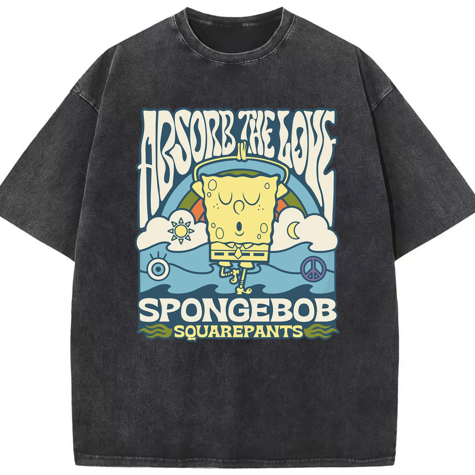 SpongeBob Retro Psychedelic Absorb The Love DIY - Washed Vintage Look 230g Cotton Oversized T-Shirt With Front Heat Transfer Print – Soft, Lightweight, Stylish Fit – Comfortable Casual Wear For Sports & Everyday Use