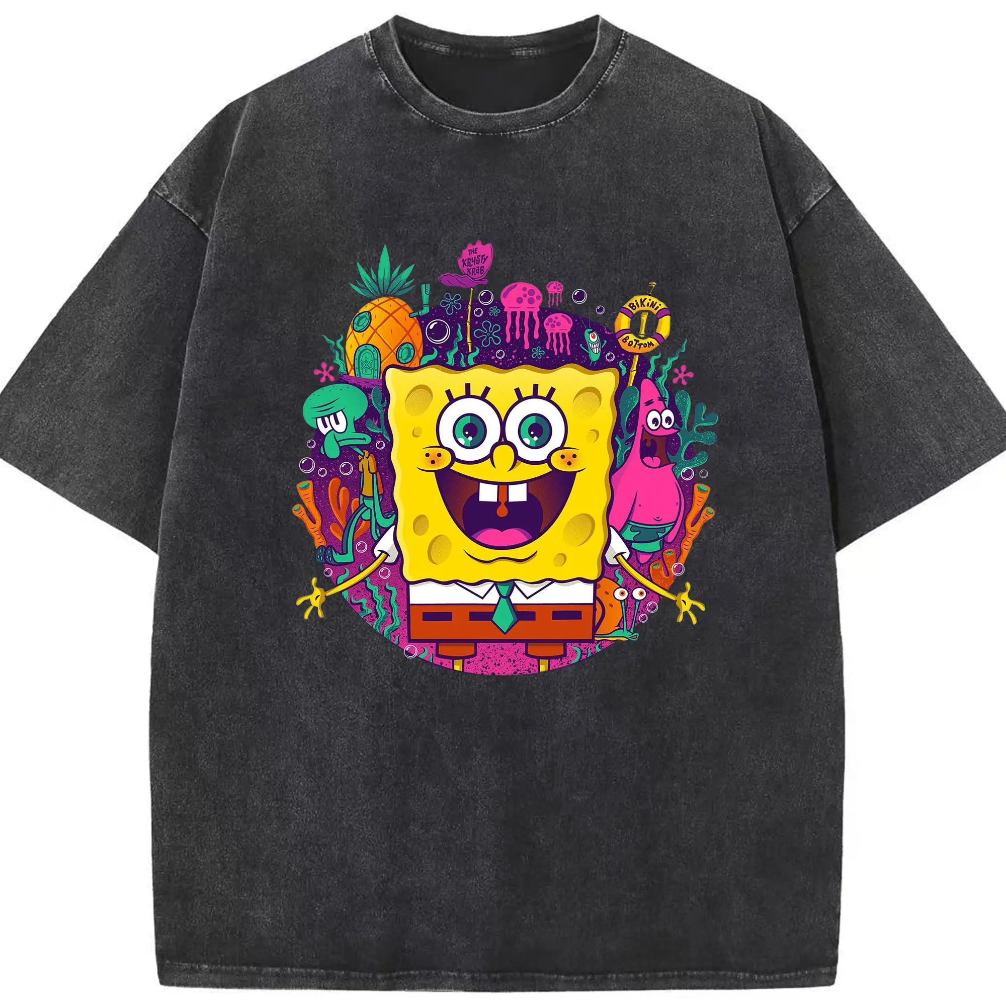 SpongeBob Bikini Bottom Cartoon Group DIY - Washed Vintage Look 230g Cotton Oversized T-Shirt With Front Heat Transfer Print – Soft, Lightweight, Stylish Fit – Comfortable Casual Wear For Sports & Everyday Use